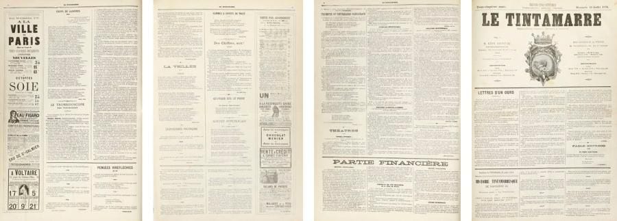 Charles BIENVENU
Le Tintamarre. Trente-cinquième année. Du dimanche 30 avril 1876 au dimanche 31 décembre 1876. Un volume. Trente-cinquième et trente-sixième année. Du dimanche 7 janvier 1877 au dimanche 30 décembre 1877. Un volume. Trente-septième année. Du dimanche 6 janvier 1878 au dimanche 29 décembre 1878. Un volume. Trente-huitième année. Du dimanche 5 janvier 1879 au dimanche 23 décembre 1879. Un volume. Trente-neuvième année. Du dimanche 4 janvier 1880 au 26 décembre 1880. rédacteur puis propriétaire du Tintamarre, Léon Charles Bienvenu, dit touche à tout, devient célèbre par la publication de l'Histoire de France Tintamarresque qu'il commence en feuilletons dans l'hebdomadaire, et son trombinoscope où l'on trouve la plupart des personnalités contemporaines. "Personne ne possède à un plus haut degré l'art d'assomer les gens en ne leur laissant même pas la satisfaction de lui en vouloir tant c'est fait avec bonne humeur" (album Mariani)