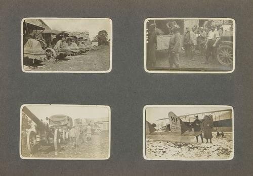 [GUERRE 14-18]. album de photographies. S.l., 1917. - album in-8 oblong, percaline havane de l'époque. intéressant album réunissant 96 photographies originales en noir et blanc de petit format (67 x 44 mm) sur la première guerre mondiale. il s'agit de clichés vraisemblablement pris par l'un des photographes des armées; ils ne représentent, comme c'est pratiquement toujours le cas, aucune scène de combats mais des champs de batailles, des éléments d'artillerie, des véhicules militaires et civils, des avions, des soldats, des chiens, mais également des vues aériennes, datant de 1916 et 1917. Les photos sont pour la majorité légendées et datées au verso, permettant de situer les lieux. ainsi retrouve-t-on Verdun en 1916, le Bois d'Esnes (juin 1916), Dombasle, Courances, Saintes Menehould (juillet 1916), etc. À part figurent quatre autres photographies dont deux plus grandes; l'une d'elles représente une canonnière fluviale