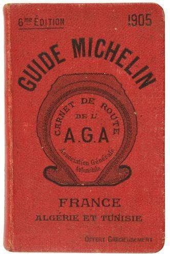 GUIDE MICHELIN pour la France l'Algérie et la Tunisie. édition 1905. Clermont-Ferrand: Michelin-guide, 1905. - in-12, 800 pp. Percaline rouge de l'éditeur. Sixième édition du célèbre Guide Michelin qui parut pour la première fois en 1900. Exemplaire très bien conservé n'ayant que quelques frottements d'usage, incomplet comme souvent de la carte routière. Trous de vers dans la marge des pages 283 à 288, sans gravité