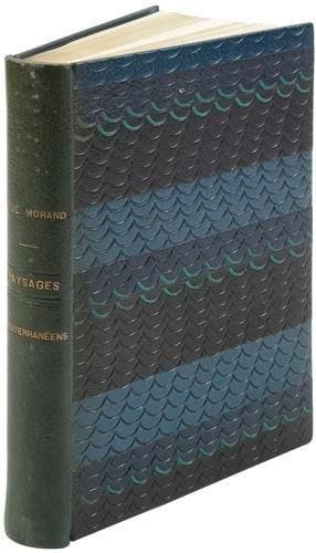 [SCHMIED (François-Louis)] - MORAND (Paul)
Paysages méditerranéens. Paris: (François-Louis Schmied), 1933. - In-8, 119 pp., (4 ff. dernier blanc), couverture gaufrée. Maroquin bleu, premier plat composé d'un jeu de bandes horizontales de maroquin bleu de différentes teintes, chacune orné d'un motif de vagues à froid ou en maroquin turquoise, second plat entièrement orné de motifs de vagues à froid, dos lisse, filets noirs intérieurs, tête dorée, non rogné, couverture et dos conservés, étui (Creuzevault). Édition originale de cet ouvrage admirablement conçu par François-Louis SCHMIED (1873-1941), illustrée de 73 compositions dans le texte gravées sur bois avec l'assistance de Théo Schmied, dont 57 en couleurs, montrant merveilleusement les couleurs des paysages orientaux qui plaisaient tant à l'artiste. Tirage à 110 exemplaires numérotés, signés par f. L. Schmied. Exemplaire n° 5, enrichi de 2 suites des illustrations en couleurs (l'une en noir, l'autre en couleurs) et d'une suite des illustrations en noir, le tout sur papier japon mince. Les couvertures des suites sont signées par l'artiste. Bel exemplaire relié par Creuzevault. Dos passé et quelques légers frottements d'usage. Rousseurs éparses