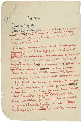 FÉNÉON (Félix)
Manuscrit autographe signé, Expositions, (1892), 2 pages 1/2 in-4, écrit à l'encre bleue et rouge. Manuscrit autographe complet de l'article "Expositions" paru dans le numéro 535 de la revue Le Chat Noir du 16 avril 1892. Le manuscrit est écrit pour la majorité à l'encre rouge et présente plusieurs ratures et corrections à l'encre noire. Fénéon décrit les principaux tableaux et dessins exposés à l'époque à la galerie Georges Petit. Ce dernier était l'un des plus puissants acteurs du marché de l'art. "Mlle Louise Abbéma, - tableaux, portraits, études; M. J. Grimelund, - marines et paysages de Suède, de Norvège, des Flandres, des Pays-bas, de la Vendée; et les Pastellistes". Il aborde Whistler, Forain, René Billotte, Jacques-Émile Blanche, Maurice Elliot, Helleu, Puvis de Chavannes, etc. "Il y a aussi des Besnard, des Pierre Lagarde, sans très grand intérêt, et beaucoup d'autres pastels qui n'en ont aucun, brutaux ou serviles". Déchirure sans manque à la pliure de la troisième page