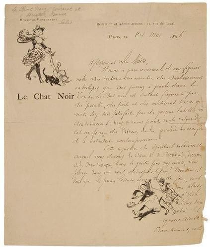 SALIS (Rodolphe)
2 LAS de Rodolphe Salis (1851-1897) créateur du cabaret le Chat Noir, l'une adressée à Anatole FRANCE, Paris le 24 mai 1886, l'autre à "Monsieur le directeur", Montmartre le 31 août 1885, 2 pages 1/2 in-12, à l'en-tête du Chat Noir avec deux dessins de Willette. Très belle lettre à Anatole France datée du 24 mai 1886. Salis se plaint qu'Anatole France ait fait figurer le cabaret du Chat Noir "au nombre des établissements interlopes" dans Le Temps. "Le Chat noir est surtout fréquenté par des peintres, des poètes et des musiciens. Encore que notre soif soit satisfaite par des garçons habillés en Académiciens, nous n'avons point voulu vulgariser cet uniforme des Princes de la pensée au bénéfice de la badauderie contemporaine. Cette injustice du spirituel moderniste auquel nous devons le Crime de M. Bonnard, Jocaste et le Chat maigre, livres si goûtés par nos amis, nous plonge dans un réel désespoir. Quoi ! Monsieur ! Vous que les jeunes lisent avec tant de joie, vous vous plaisez à vivre si loin d'eux et à les ignorer ainsi. Franchement voilà un dédain inexplicable! Nous ne pouvons quant à nous, oublier que vous fûtes d'un demi-siècle notre prédécesseur dans le domaine de la grande et libre fantaisie. Nous somme navrés que ce défaut habituel à la jeunesse, l'ingratitude, puisse être le vice - je ne dirai point d'un de nos ancêtres - d'un de nos aïeux, tout au moins". Déchirure à la pliure et sur le bord de la lettre. Dans la seconde lettre datée du 31 août 1885, Salis demande à un directeur de théâtre "de tenir à la disposition du Chat Noir... deux entrées à votre intéressant spectacle dont nous nous proposons de parler dans notre feuille"