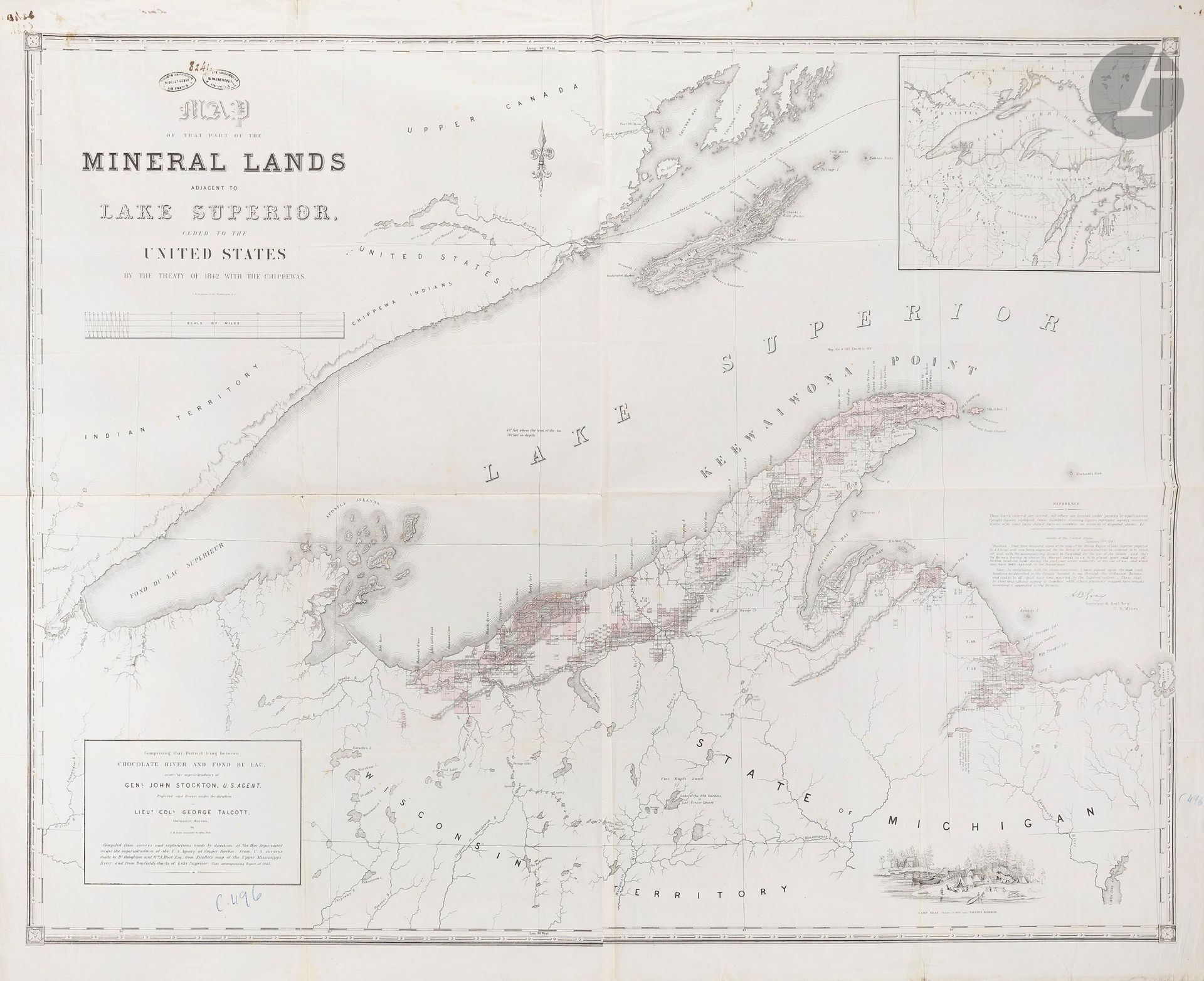 TALCOTT, George / GRAY, Andrew Belcher. Map of that part of the mineral lands adjacent to Lake Superior, ceded to the United States by the treaty of 1842 with the Chippewas… C.B. Graham’s Lithy, Washington, D.C, 1845. 910 x 1150 mm. Coloris d’époque. Carte lithographiée repliée, en partie coloriée en rose. Infimes rousseurs, traces de pliures avec infimes fentes aux intersections. Bel exemplaire.

“Map of that part of the mineral lands adjacent to Lake Superior, ceded to the United States by the treaty of 1842 with the Chippewas : comprising that district lying between Chocolate River and Fond du Lac, under the superintendency of Genl. John Stockton, U.S. agent / projected and drawn under the direction of George Talcott, by A. B. Gray ; assisted by John Seib”. 
[Carte de la partie des terrains miniers adjacents au lac Supérieur, cédées aux États-Unis par le traité de 1842 avec les Chippewas : comprenant le district situé entre la rivière Chocolate et Fond du Lac, sous la direction du général John Stockton, agent des États-Unis / projetée et dessinée sous la supervision de George Talcott, par A. B. Gray ; assisté de John Seib].
 
Indique les concessions minières. Comprend une note intitulée “Sénat des États-Unis, 11 janvier 1847”. Publié pour accompagner l’ouvrage de A. B. Gray, Mineral lands on Lake Superior, 1846 (29e Congrès, 1er session, 1845-1846, Document de la Chambre n° 211). Contient un carton représentant la région du lac Supérieur ainsi que le nord du Wisconsin et du Michigan, ainsi qu’une illustration intitulée « Camp Gray, 1er octobre 1844, près de Talcott Harbor ». 
 
Un grand carton, situé dans l’angle supérieur droit, présente l’ensemble du lac Supérieur ainsi qu’une partie du lac Michigan. 
 
Imprimée par B. Graham, lithographe à Washington D.C., la carte accompagnait un rapport officiel du Département de la Guerre publié lors de la première session du 29e Congrès (1846). Ce rapport est intitulé « Doc. No. 211: Mineral Lands on Lake Superior » et était destiné à être joint à la carte.

Bibliographie :
- Boston Public Library, Leventhal Center, G4112.U6H1 1845