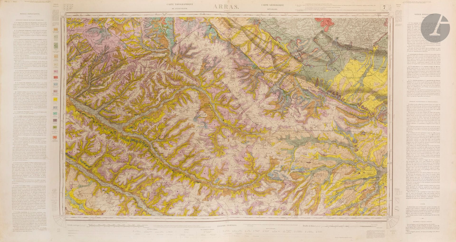 MINISTRY OF PUBLIC WORKS. Geological map of France (Atlas). Paris, Imprimerie Nationale, 1873. Lithographed in color. Three large oblong volumes, publisher's boards, gilt title on boards. Chromolithographed canvas maps. Boards detached, spines partly torn, maps slightly yellowed, foxing, some detached. As is.

Detailed geological map of France executed on the Etat-Major topographic map by the Service Géologique des Mines published by the Ministère des Travaux Publics. - Leagues scale 1/80,000. Maps bound in 3 volumes: vol. I: 33 plates; vol. II : 32 pl. ; vol.III : 41 pl. 
The project to equip France with a national geological map arose from the desire to combine geological surveys with the topographical surveys already carried out for the État-Major map, in order to ensure planimetric and topographical consistency between the two maps.  
The decree of October 1, 1868 set up the Service de la carte géologique de la France et des topographies souterraines, responsible for coordinating geological surveys throughout France.  
The work was based on the sheets of the État-Major map (original scale 1/80,000), superimposing geological data (formations, faults, contacts, fossils) on existing topographical data, to produce a "geologized" version of the État-Major map.