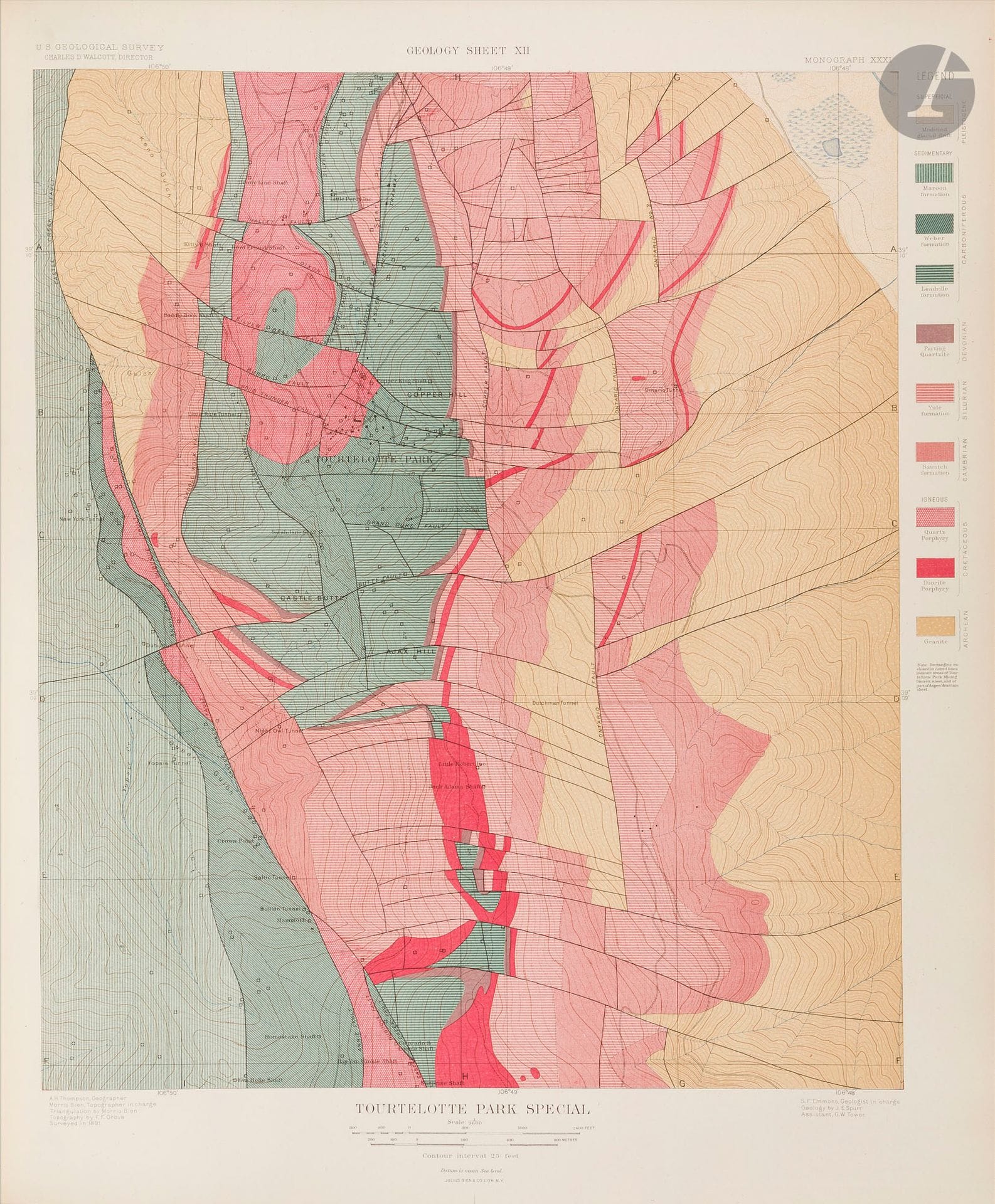 SPURR, Josiah Edward. Atlas to Accompany Monograph XXXI on the Geology of the Aspect District Colorado. Washington, Julius Bien & Co., 1898. Lithographié en couleurs. Un atlas in-folio, cartonnage éditeur, titre doré sur le plat + un volume de texte in-4 en cartonnage éditeur ; 27 cartes et coupes en chromolithographie (dont 2 sur double page), complet. Bel exemplaire.

L’atlas comprend 27 cartes (dont 2 sur double page) montrant la topographie et la géologie des montagnes autour d’Aspen, incluant des cartes pour Aspen, Tourtelotte Park, Hunter Park, Lenado, Smuggler Mountain, etc. 
L’atlas accompagne la monographie de Samuel Franklin Emmons (1841-1911), géologue en chef responsable de la division du Colorado de l’United States Geological Survey. Emmons est également connu pour avoir révélé en 1872 la célèbre supercherie des champs de diamants du Colorado.
 
Les cartes sont lithographiées, certaines en couleur (chromolithographie) pour faire ressortir les unités géologiques.
L’atlas rassemble les cartes géologiques superposées sur les relevés topographiques de base (topographie fine) pour une interprétation géologique en contexte. 
L’échelle des cartes varie : certaines feuilles sont à l’échelle d’un demi-mille à un mille par pouce (c’est-à-dire des échelles fines pour couvrir des zones localisées).