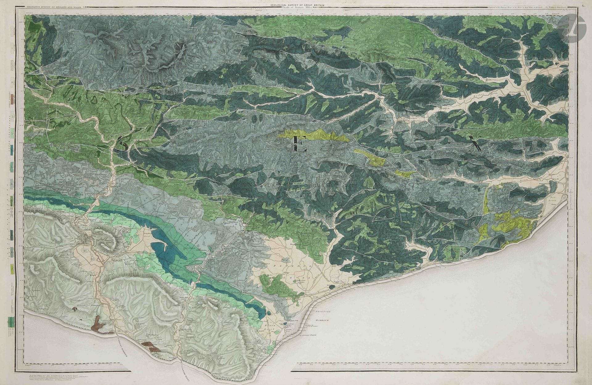 Geological Survey of the United Kingdom. Geological Survey of the United Kingdom (Great Britain, Ireland). Geological Survey of Great Britain, 1867. 700 x 1200 mm. Beau col. d'époque. Four large oblong plano volumes and one oblong folio volume. 
Half black grained sheep binding with corners, boards covered in green percaline cloth, spine with five raised bands richly decorated with gilt vegetal motifs, gilt fillet framing the half binding and corners, all edges gilt. 
A large gilt title and the motto of the British monarchy, "Dieu est mon droit" and "Honi soit qui mal y pense" (Order of the Garter), stamped in gold on the upper cover. 
Spines, corners, and edgeslightly rubbed ; percaline of the upper board of one Great Britain volume torn and partially detached. 

All the maps are sumptuously and meticulously hand-colour 
The colours are numerous, vivid, and exceptionally fresh ; some maps are heightened with gold and white. Geological Survey of Great Britain.

Monumental set of five volumes (Exposition Universelle, Paris 1867). A large gilt title and the motto of the British monarchy, "Dieu est mon droit" and "Honi soit qui mal y pense" (Order of the Garter), stamped in gold on the upper cover. 
The colours are numerous, vivid, and exceptionally fresh ; some maps are heightened with gold and white. 
This rich palette of colours was intended to enhance the legibility and visual clarity of the geological maps.

A set of five volumes of geological maps and sections, published by the Geological Survey of Great Britain under the direction of Sir Roderick Impey Murchison, and exhibited at the Exposition Universelle of 1867 in Paris, within the Palais du Champ-de-Mars.

The collection covers England, Wales, Scotland, and Ireland, describing the geological formations, stratigraphic structures, and mineral resources of the United Kingdom in the nineteenth century. 

At that time, the French geologist Jules Marcou wrote an extensive commentary on this monumental work.

Composition of the Atlas.

The map of the British Isles is organised as follows :

Three volumes "Great Britain" - two containing maps and one of geological sections (68 sections and 28 geological plates of coal fields) ; two scales are used: “One Inch to One Mile” (75 maps + index) and “Six Inches to One Mile” (40 maps).

Two volumes "Ireland" - one large plano volume of geological sections (20 sections + 1 geological coal-field plate) and one oblong folio volume containing 106 maps. 

This monumental scientific publication is equally remarkable for its artistic quality and its use of colour. Each plate is a true work of art."The colouring of the maps, as well as that of the longitudinal sections, is done entirely by hand; thus all these geological maps are much easier to read, clearer, and better executed than those printed in colour. Moreover, this hand-colouring allows for additions and corrections, which become very difficult when the colouring is printed, for then one must alter an entire system of lithographic or typographic plates; whereas here it is enough to cut out the modified part of the sheet and paste over it the corrected portion, coloured by hand." (Jules Marcou).

In the nineteenth century, the United Kingdom undertook an unprecedented scientific enterprise : to produce a complete geological atlas of the British Isles. Directed by the Geological Survey, the project was impressive both in scope and execution. 

At the 1867 Exposition Universelle, visitors admired immense portfolios of hand-coloured maps, cross-sections, and vertical profiles, accompanied by detailed indexes and explanatory legends.


The atlas gradually came to cover England, Wales, Scotland, and Ireland, using two scales : 

a large scale (Six Inches to the Mile) for local detail, 

and a smaller scale (One Inch to the Mile) for broader regional depiction.

The cross-sections reveal faults, folds, and str, often inferred through geological reasoning, while the vertical sections accurately indicate the thickness of the layers. 
Because they were entirely hand-coloured, the maps were both clear and aesthetically refined, and could be easily revised when new discoveries occurred. This flexibility proved invaluable, for example, when the Rhaetic formation was reclassified in 1864, requiring the revision of several sheets already issued. 
Thanks to this method, the Atlas advanced rapid : within ten years, more than sixty new maps were published, bringing the total to 113 sheets for Great Britain, covering the whole of Wales and a large part of England, while work on Scotland and Ireland also progressed. 
Ireland already included 102 maps and about twenty large sections, though its northern regions remained to be surveyed. 


The chromatic code of the Atlas was exceptionally rich, over 130 tints and shades distinguished the various formations. Every subdivision, even local, was recorded, reflecting the diversity of the terrain and the continuity of geological time. 
Each map was accompanied by descriptive memoirs, detailed indexes, and scientific commentaries documenting the progress of publication. 


To encourage dissemination, each sheet was sold separately at a modest price, ensuring wide circulation, in some years, over 5,000 copies were sold, a sign of the popularity of geology in Victorian Britain. 

Three major museums, in London, Dublin, and Edinburgh, were associated with the project, gathering fossils, rocks, and minerals. A Royal School of Mines trained engineers and strengthened ties between research and industry .
At the head of the enterprise, Sir Roderick Impey Murchison coordinated around fifty geologists and palaeontologists, divided into English, Scottish, and Irish branches. The resources were considerable, nearly £20,000 in 1867, far exceeding the budgets of most other European surveys. 

Each year, an official report recorded progress, sales, discoveries, and methodological innovations.

To Jules Marcou, a keen observer, this vast undertaking represented the ideal model of geological cartography. More than a scientific record, the Atlas became a national monument, a mirror of the British soil and its geological history, destined to inspire other nations.

Jules Marcou (1824 – 1898 ) 

Born on 20 April 1824 in Salins-les-Bains (Jura) and deceased on 17 April 1898 in Cambridge (Massachusetts), Jules Marcou was a French geologist best known for having published the first geological map of the United States in 1855. 
He joined the Société géologique de France in 1845 and, a few years later, produced the second geological world map in 1861. 
Renowned for his independence and outspokenness, Marcou was a passionate yet sometimes controversial figure within the geological community.
