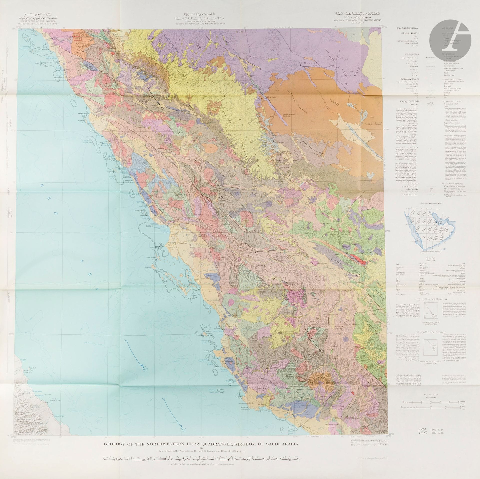 United States Geological Survey of the Kingdom of Saudi Arabia. Geological maps of the Kingdom of Saudi Arabia (13 maps). Washington, D.C., U.S. Geological Survey, 1958-1963. 13 cartes imprimées en couleurs repliées dans leurs enveloppes de présentation. Parfait état. Dimensions à titre indicatif d’une carte : 103 x 101 cm.

Ensemble de 13 cartes d’une série de vingt et une cartes bilingues et à double datation publiées dans le cadre d’une collaboration entre le gouvernement de l’Arabie saoudite et l’U.S. Geological Survey.
 
Ce projet fut le premier à produire une série complète de cartes géologiques et géographiques du Royaume d’Arabie saoudite et joua un rôle déterminant dans son émergence en tant que puissance mondiale majeure dans la production de ressources naturelles. 
 
Le superviseur du projet était un géologue chevronné, Glen F. Brown, qui s’était déjà rendu dans le Royaume au milieu des années 1940 et y avait noué d’excellentes relations avec les responsables saoudiens.
 
Les topographes divisèrent la péninsule en 21 sections quadrangulaires numérotées de I-200 à I-220, chacune couvrant une zone de 3 degrés de longitude sur 4 degrés de latitude. Toutes les cartes furent produites à l’échelle 1 : 500 000 et publiées en deux séries : une carte combinant géographie et géologie (marquée de l’annexe « A ») et une carte de géographie seule (« B »). La première carte géographique de quadrilatère fut publiée en juillet 1956 et la dernière en septembre 1962 […] La première feuille de la série géologique fut publiée en juillet 1956 et la dernière au début de 1964.
 
Liste des cartes : 
- Geologic map of the central Persian Gulf quadrangle Kingdom of Saudi Arabia By Richard A. Bramkamp and Leon F. Ramirez 
- Geologic map of the southern Hijaz quadrangle, Kingdom of Saudi Arabia By Glen F. Brown, Roy O. Jackson, R.G. Bogue, and W.H. MacLean 
- Geologic map of the nortwestern Hijaz quadrangle, Kingdom of Saudi Arabia By Glen F. Brown, Roy O. Jackson, R.G. Bogue, and Edward L. Elberg Jr. 
- Geologic map of the Wadin Al Batin quadrangle Kingdom of Saudi Arabia By Richard A. Bramkamp and Leon F. Ramirez 
- Geologic map of the Asir quadrangle Kingdom of Saudi Arabia By Glen F. Brown and Roy O. Jackson 
- Geologic map of the northern Tuwayq quadrangle Kingdom of Saudi Arabia By Richard A. Bramkamp and Leon F. Ramirez 
- Geologic map of the Tihamat Ash Sham quadrangle Kingdom of Saudi Arabia By Glen F. Brown and Roy O. Jackson 
- Geologic map of the Wadi Ar Rimah quadrangle Kingdom of Saudi Arabia By Richard A. Bramkamp, Leon F. Ramirez, Glen F. Brown, and Arthur E. Pocock 
- Geologic map of the Darb Zubaydah quadrangle Kingdom of Saudi Arabia By Richard A. Bramkamp and Leon F. Ramirez 
- Geologic map of the Jaw-Sakakah quadrangle Kingdom of Saudi Arabia By Richard A. Bramkamp, Leon F. Ramirez, Max Steineke, and William H. Reiss 
- Geologic map of the Wadi As Sihran quadrangle Kingdom of Saudi Arabia By Richard A. Bramkamp, Glen F. Brown, Donald A. Holm and Newton M. Layne Jr. 
- Geologic map of the western Rub Al Khali quadrangle Kingdom of Saudi Arabia By Richard A. Bramkamp, Ruel D. Gierhart, Lloyd D. Owens and Leon F. Ramirez 
- Geologic map of the southern Nadj quadrangle Kingdom of Saudi Arabia By Roy O. Jackson, Richard G. Bogue, Glen F. Brown and Ruel D. Gierhart.
 - James V. Parry, « Mapping Arabia », in : Saudi Aramco World 2004/1