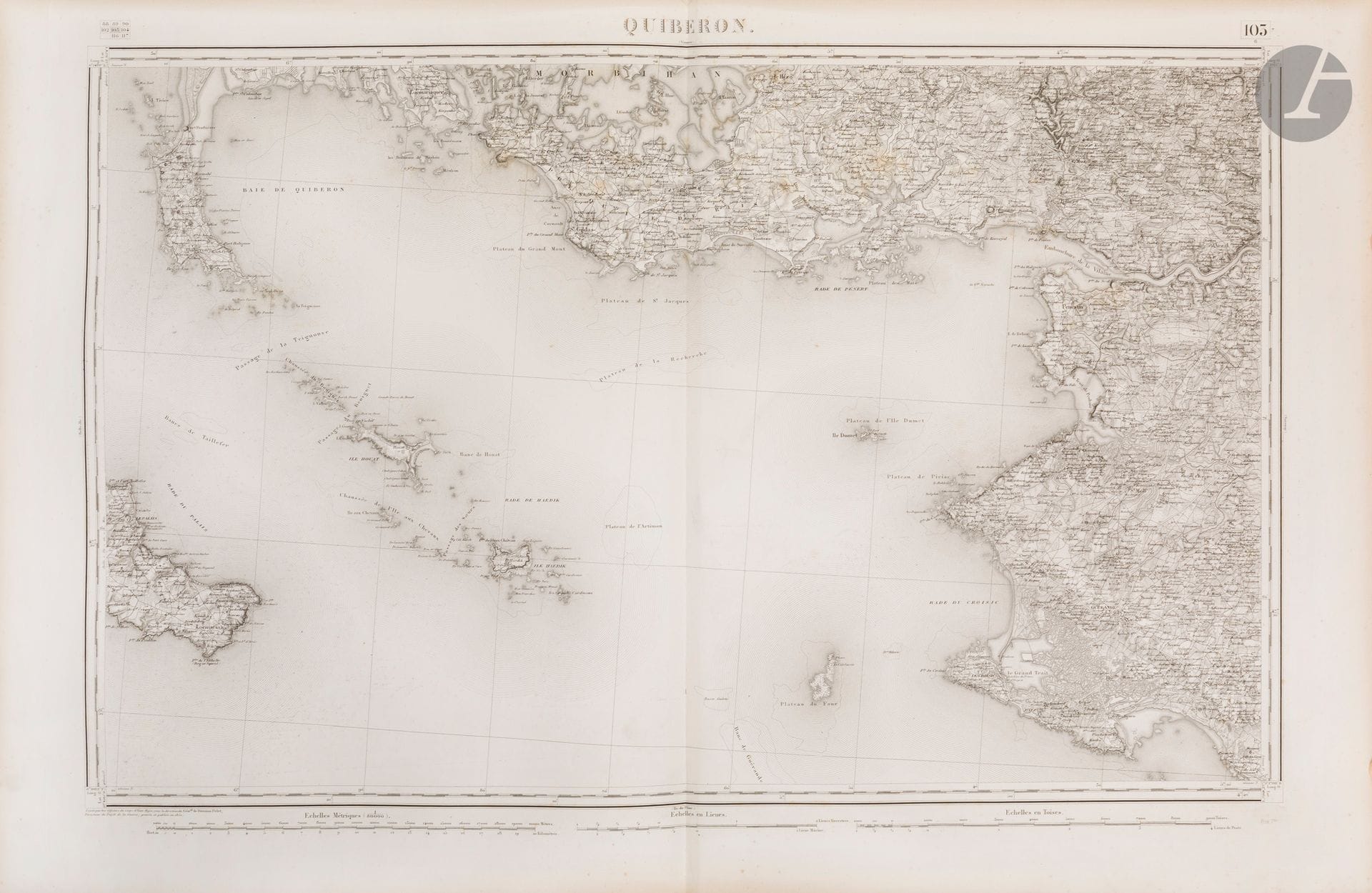 PELET, L.t. G.al. Topographical map of France. Dépôt de la Guerre, 1832-1880. 640 x 510 mm. 7 gr. in-folio volumes, 1/2 green chagrin with brass corners, gilt title on spine; 273 maps. Worn bindings, boards detached, some spines split. As is.

"Carte de l'Etat-Major" bound in 7 gr. in-folio volumes drafted and engraved at the Dépôt de la Guerre under the direction of Mr. Le L.t. G.al Pelet. This map, subject to the most precise trigonometric and astronomical observations ... was begun by the corps of military geographers and continued by the corps d'État-Major, under the direction of Lieutenant-General Pelet ... and Colonel Lapie. 
Illustrated with 273 maps of the regions of France. 
The map of France comprises 273 sheets making up the topographic map of the French Republic engraved at a scale of 1:80,000, also known as the "Carte de l'Etat-Major". This set of maps was published between 1832 and 1880. Relief is represented by hatching and dimensioned points. Coordinates are in degrees relative to the Paris meridian, and in degrees relative to the Greenwich meridian. The 1:80,000 scale is in meters, leagues and toises. The sheet bears a title in the introductory section, the sheet no. in the top right-hand corner and the publication date at bottom left. 
List of maps on request.