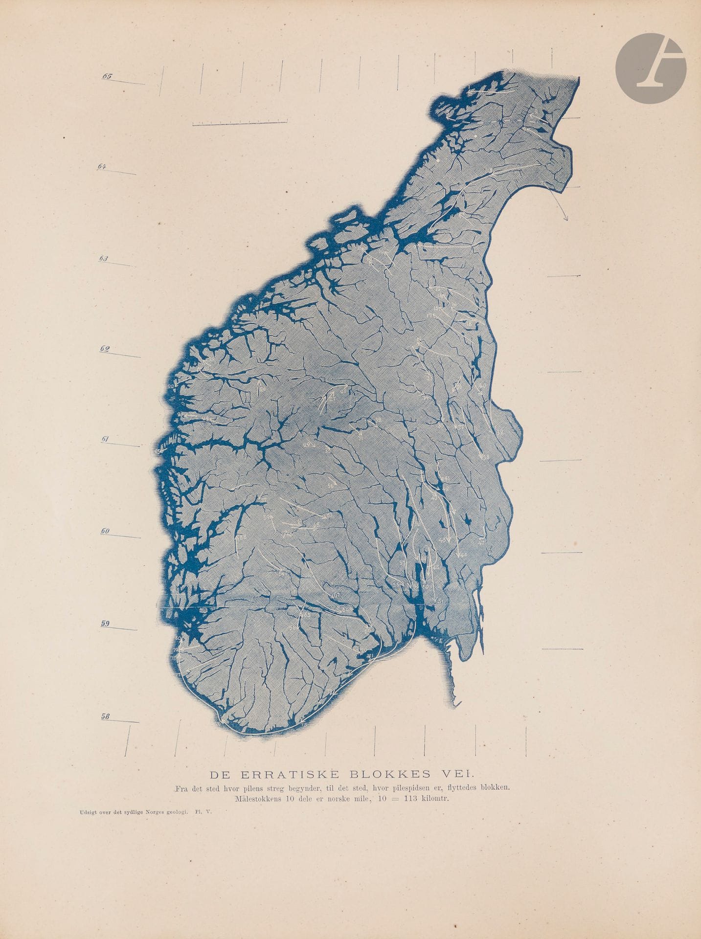 GEOGRAFISKE OPMAALING / KJERULF, Theodor. Udsigt over det sydlige Norges Geologi. Atlas. Christiania, Steensballes Boghandel, 1879. In-4 oblong. 39 planches et 1 carte dépliante chromolithographiée entoilée insérée à la fin de l’ouvrage (82 x 58 cm). Couverture remplacée par du papier kraft sur lequel le titre a été collé.

Atlas géologique de la Norvège méridionale. Publication officielle qui donne une vue d’ensemble de la géologie de la partie méridionale de la Norvège (sans le texte).