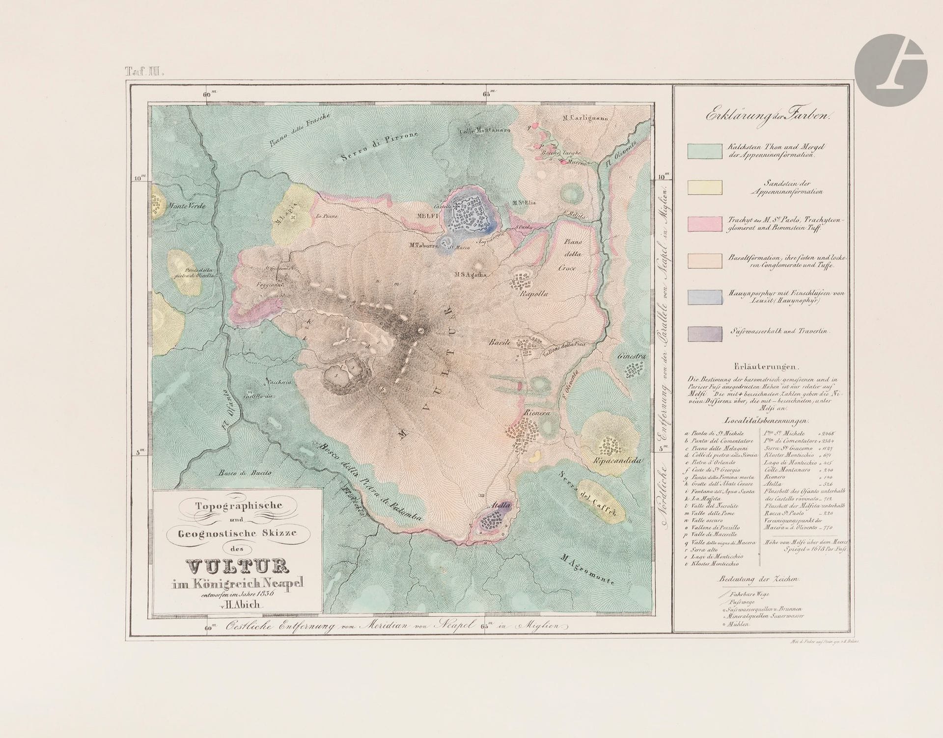 ABICH, H. Atlas zu den Geologischen Beobachtungen über die vulkanischen Erscheinungen und Bildungen in Unter- und Mittel-Italien…  Erste Lieferung. (1841). 450 x 600 mm. Oblong folio fascicle, stitched in wrappers. 5 lithographed plates. First fascicle. Illustrated with five geological plates of volcanic phenomena in various formats, including three maps and two views (Naples, Vesuvius, Krater von Roccamonfina, etc.). Between 1833 and 1834, Abich undertook several scientific journeys in southern and central Italy, notably to Vesuvius, Etna, and the Aeolian Islands; his observations culminated in Geologische Beobachtungen….