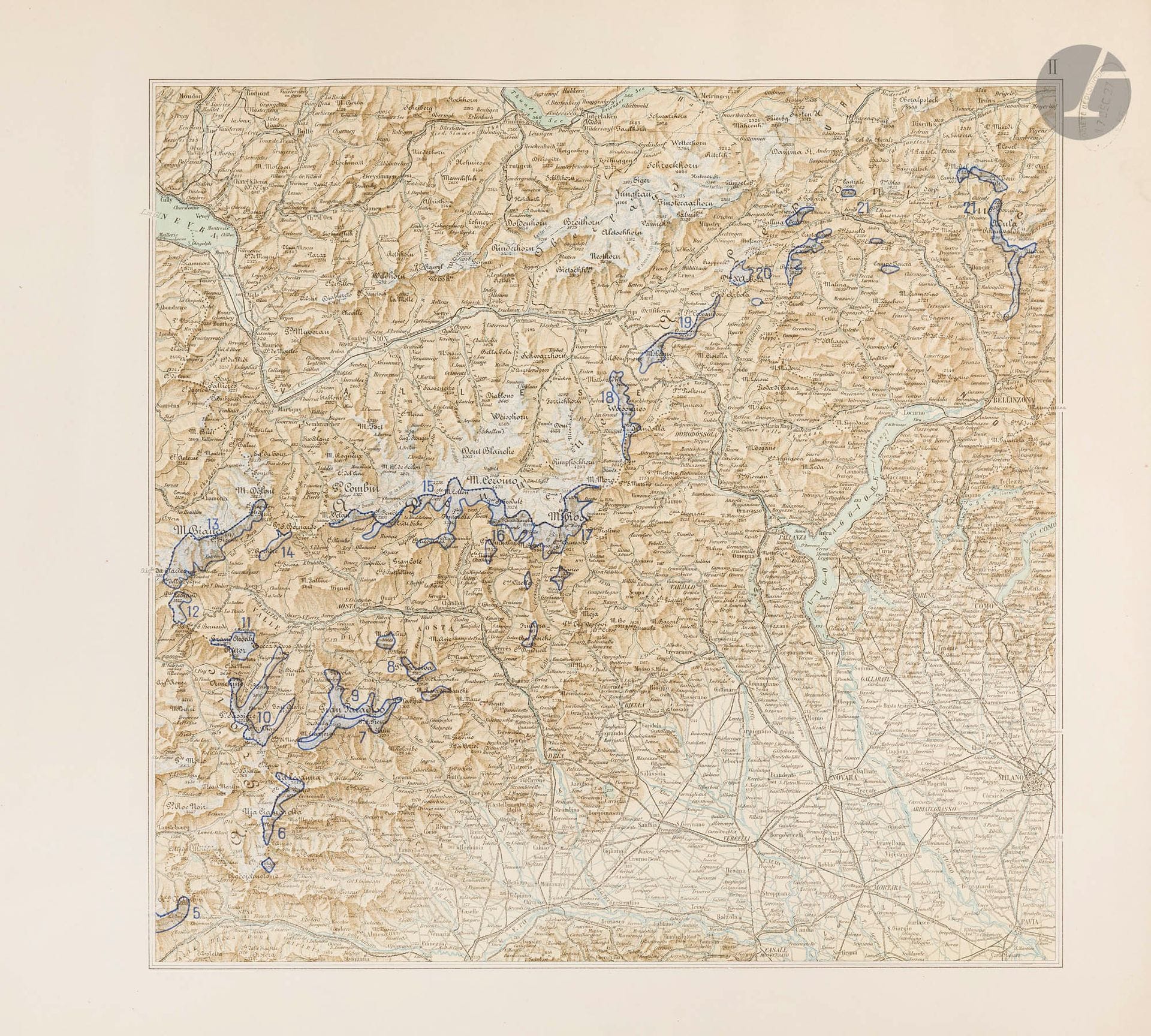 PORRO, Carlo et LABUS, Pietro. Atlante dei Ghiacciai italiani. Parte Prima. Carta Corografica. Ist. Geografico Militare, Firenze, 1927. 470 x 530 mm. Folio in wrappers, containing 4 maps. Carta Corografica, scale 1:500,000. Published by the Comitato Glaciologico. Map in four sheets forming the large chorographic map of Italy.
Provides an overview of the distribution of Italian glaciers in the Alpine and Apennine ranges. It was intended to complement the 1925 Italian glacier survey and to serve as a basis for detailed maps (at a scale of 1:25,000) for each glacial region.