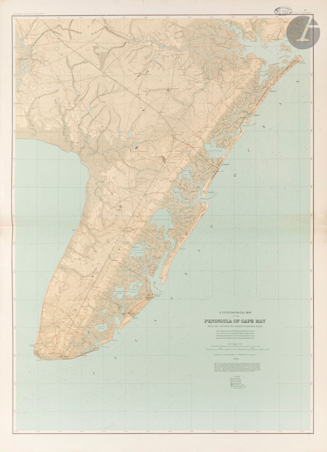 COOK, George Hammel / GEOLOGICAL SURVEY OF NEW JERSEY. Atlas of New Jersey. Julius Bien and C°, New York, 1888. 615 x 445 mm. Atlas grand in-folio en feuilles doubles comprenant 17 cartes régionales, 1 carte de l’état du New Jersey et 1 carte de reliefs, toutes lithographiées en couleurs sauf pour la carte de l’état du New Jersey. Feuille de couverture de papier gris ornée d’une carte indexant le nom de toutes les cartes comprises dans l’atlas. Infimes rousseurs, petites déchirures dans les marges parfois affectant la bordure de la carte.

L’atlas « D’après les levés originaux basés sur la triangulation de l’U.S. Coast and Geodetic Survey » figure les comtés, cantons, établissements, chemins de fer, routes, stations de sauvetage, phares, etc. 
 
Au cours du XIXe siècle, à différentes époques, l’État du New Jersey compta un géologue d’État. Après une interruption de trois ans, de 1861 à 1864, “Une loi pour achever l’étude géologique de l’État” fut adoptée le 30 mars 1864. George Hammell Cook (1818–1889) reçut alors le poste et la charge. 
 
Ancien ingénieur civil et professeur à l’université Rutgers, il a été l’assistant géologue de Kitchell durant l’exploration géologique des années 1850. En 1864, Cook est également devenu vice-président du collège Rutgers ; il a joué un rôle déterminant dans la démarche de l’institution pour obtenir le statut de land-grant college (université bénéficiaire de terres fédérales). »
 
Bibliographie :
- LeGear. Atlases of the United States, L5609; Schwartz, Seymour I. and Ehrenberg, Ralph E. The mapping of America, p. 310.