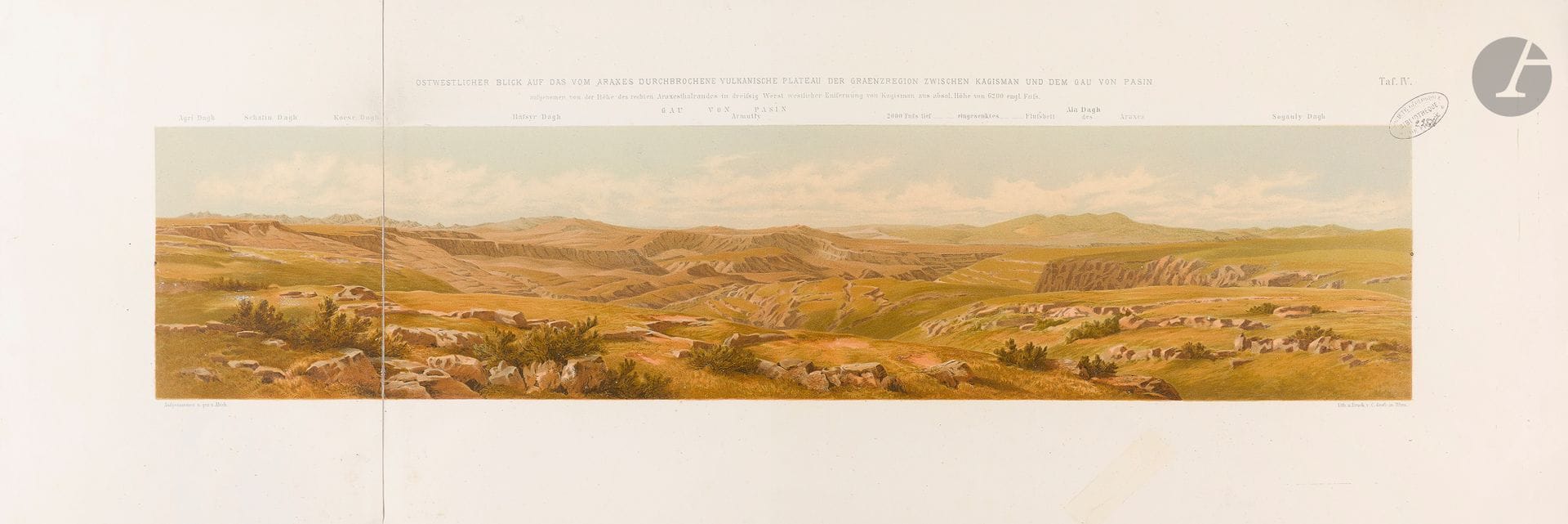 ABICH, Herman. Atlas zu den geologischen Forschungen in den Kaukasischen Ländern. II. Theil, Geologie des Armenischen Hochlandes, Westhälfte. Wien, Alfred Holder, 1882. 660 x 410 mm. II. Theil. Sous couverture gr. In-folio, 4 planches lithographiées. Couverture très abîmée. Rousseurs éparses et petites déchirures en marges.

Atlas des recherches géologiques dans les pays caucasiens — Tome II : Géologie du Haut-Plateau arménien, moitié occidentale (Westhälfte). Ouvrage cartographique accompagnant le texte du tome II (1882) de Geologische Forschungen in den kaukasischen Ländern. 
 
Ensemble de 4 planches (cartes géologiques en couleurs et panoramas), formats variables. 
 
L’atlas comprend des cartes d’ensemble et vues panoramiques expliquant la structure volcanique et tectonique de la bordure occidentale du Haut-Plateau arménien.
 
Hermann (Otto Wilhelm) Abich (1806–1886), géologue et minéralogiste est souvent considéré comme le «  père de la géologie caucasienne ». 
Sur recommandation de Humboldt et von Buch, il fut nommé en 1842 professeur de minéralogie et de géologie à l’université de Dorpat (aujourd’hui Tartu, Estonie). Dès 1844, il fut envoyé par le gouvernement russe dans le Haut-plateau arménien, afin d’en étudier les conditions géologiques. 
 
Cette mission marqua sa carrière entière. Après une exploration initiale des zones frontalières turco-persanes, il dressa une carte géologique du mont Ararat et réalisa l’ascension de ce volcan. Ses rapports à Saint-Pétersbourg suscitèrent un grand intérêt, si bien qu’il obtint année après année de nouvelles prolongations de mission. Ses recherches s’étendirent au Daghestan, à la région de Bakou, puis à tout le Caucase. 
 
Au total, Abich consacra près de 28 années à l’exploration géologique, géographique et météorologique du Caucase, de l’Arménie, de la Transcaucasie, de la Perse et de la Crimée. Il fut le premier à mener une étude rigoureuse et systématique de ces régions.

Bibliographie :
 - Zentralbibliothek Zürich (cote : ZB Kartensammlung, NFF 31)