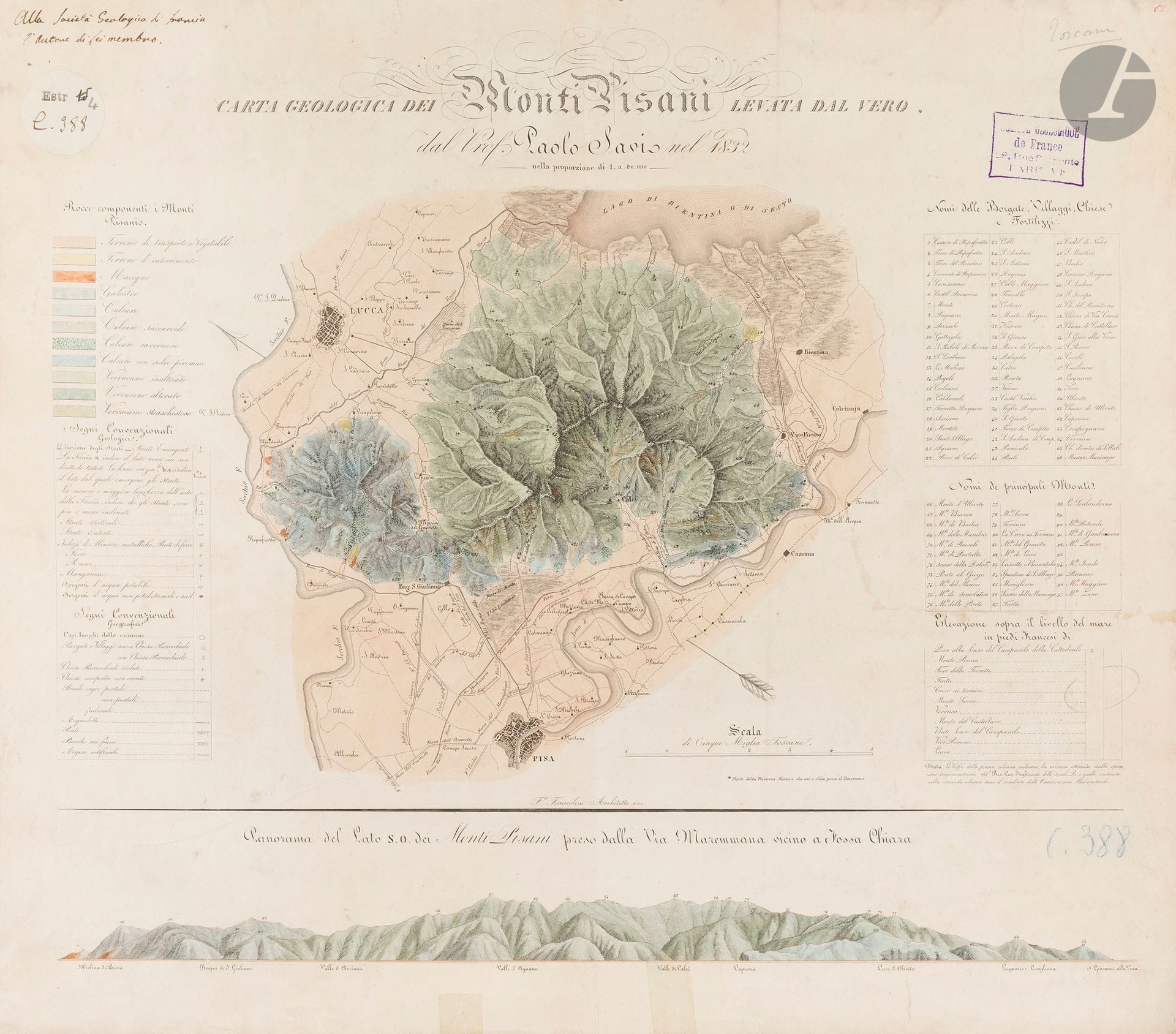 SAVI, Paolo. Carta geologica dei Monti Pisani levata dal vero. 1832. 480 x 550 mm. Coloris d’époque. Gravure en coloris d’époque. Salissures, déchirures en marge inférieure réparées avec du scotch, rousseurs.

La carte au 1 : 80. 000, représente la région des Monti Pisani (Montagnes Pisanes en Toscane) avec ses types géologiques. 
 
Envoi de l’auteur : « Alla Societa Geologica di Francia l’autore di lei membro ».
 
L’intérêt de Paolo Savi pour la zoologie, bien établi dans les premières années de sa carrière, prend un nouveau tournant après sa rencontre avec Georges Cuvier en 1828. Cet événement marque le début de son orientation décisive vers les sciences de la Terre. 
La même année, Savi entreprend ses premières excursions géologiques en Toscane, bientôt suivies, en 1829, de voyages d’étude dans les Monti Pisani, les Apennins et les Alpes Apuanes. Ces explorations donnent lieu à ses premiers travaux publiés en géologie, entre 1829 et 1833. 
En 1830, le Grand-Duc de Toscane l’invite à faire partie du groupe de notables qui l’accompagne lors d’un voyage en Allemagne. Savi consacre une large part de son temps à l’examen des terrains carbonifères de Saxe et de Bohême, visitant des mines et échangeant avec des géologues et ingénieurs des mines. 
Au cours des années suivantes, il intensifie ses recherches de terrain : il explore l’île d’Elbe et la Lunigiane, et publie en 1833 la Carte géologique des Monti Pisani. C’est à cette occasion qu’il reçoit sa première commande officielle, marquant le début de sa reconnaissance comme géologue.