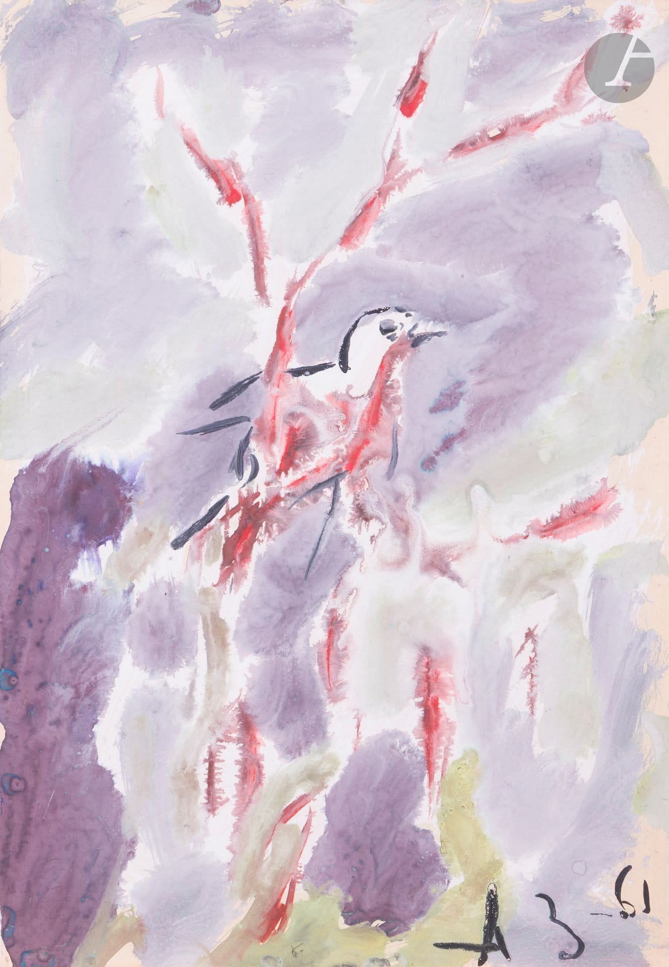 Anatoly Timofeevitch ZVEREV (1931-1986)
Птичка (Little bird). 1961
Gouache.
Monogrammed and dated lower right. Titled and numbered 70 on the back.
59.8 x 41.7 cm