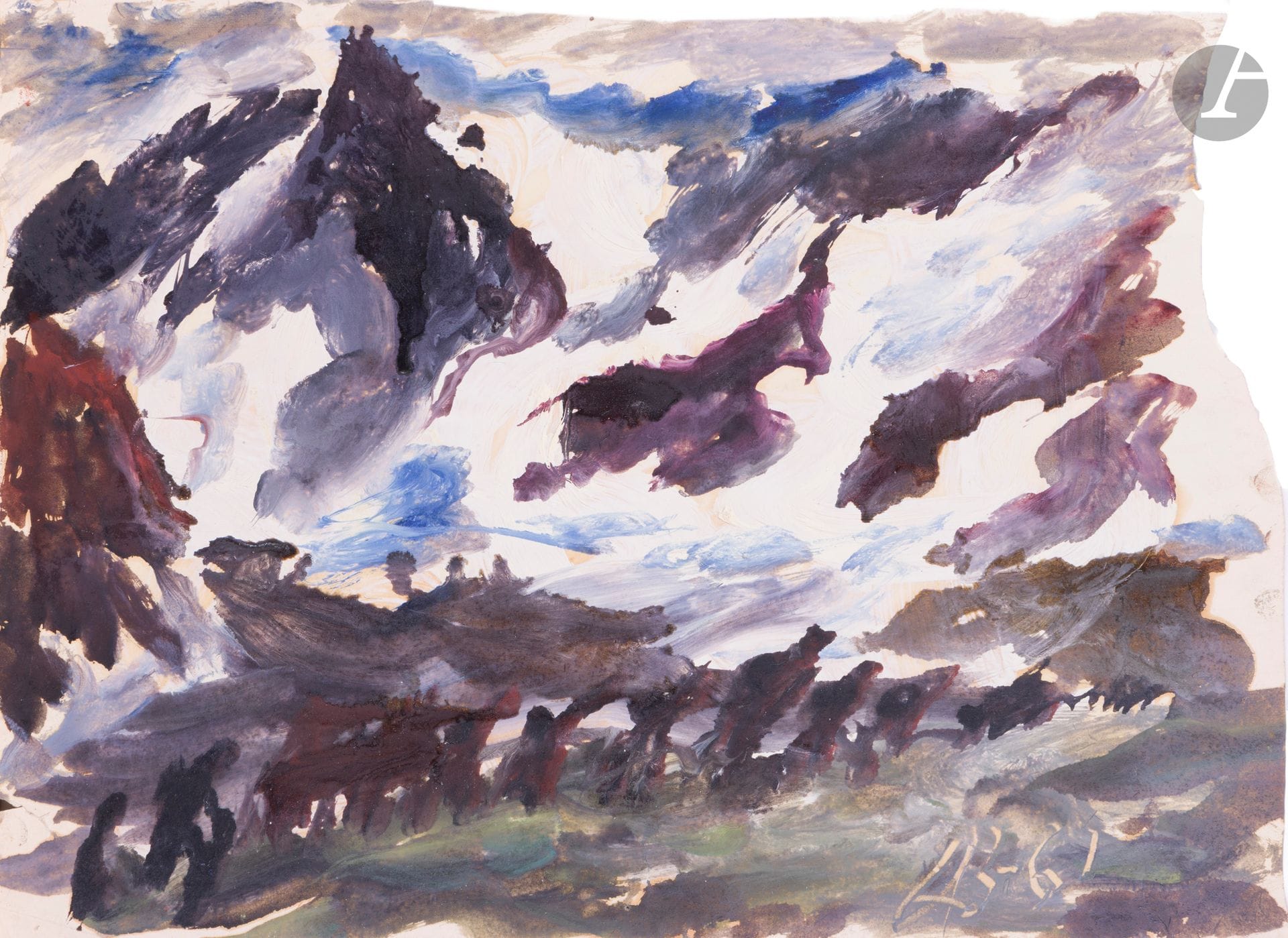 Anatoly Timofeevich ZVEREV (1931-1986)
Горы (Mountains). 1961
Gouache.
Monogrammed and dated lower right. Titled and numbered 120 on the back.
40 x 54.5 cm