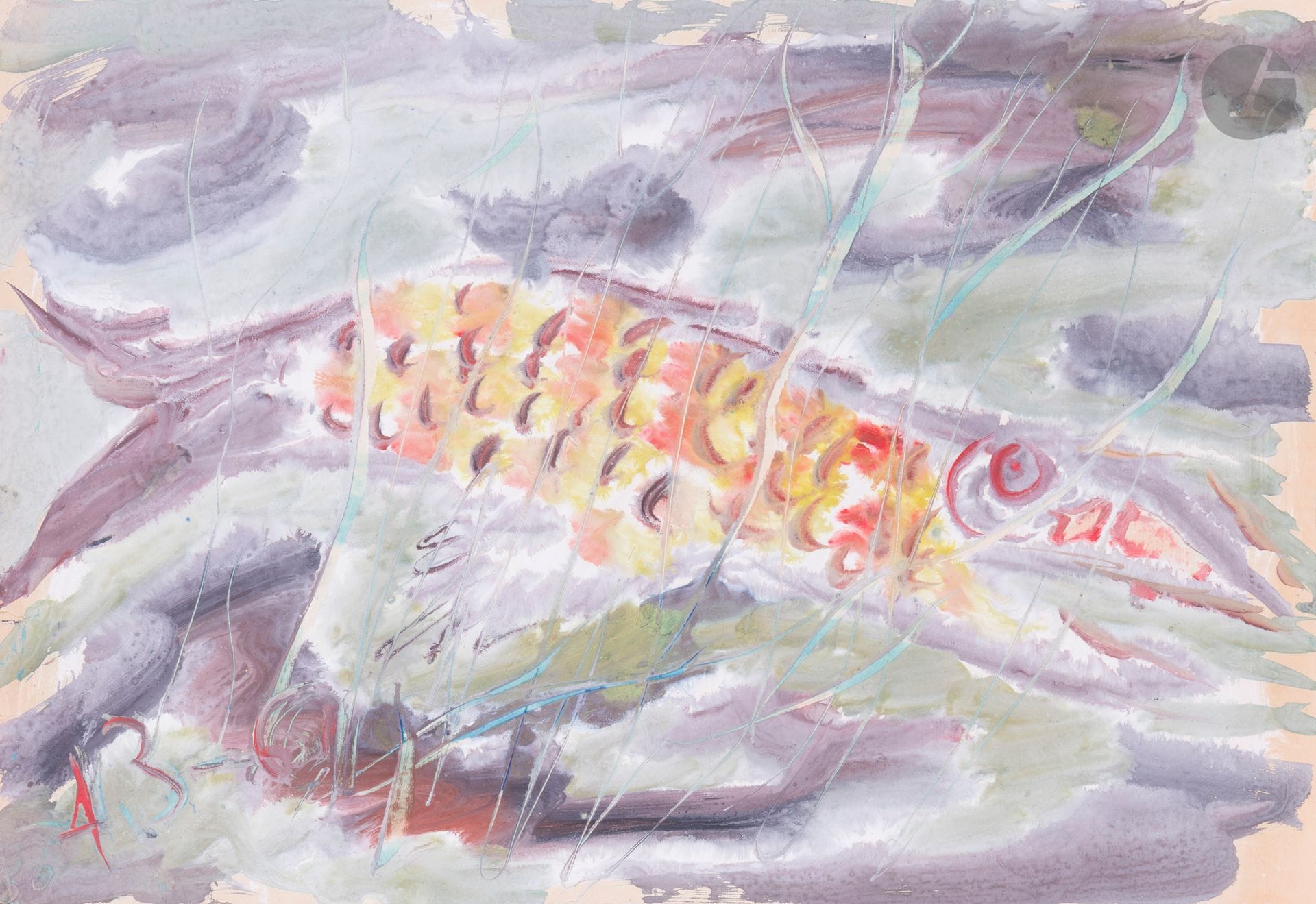 Anatoly Timofeevitch ZVEREV (1931-1986)
Рыба (Poisson). 1961
Gouache.
Monogrammée et datée en bas à gauche. Titrée et numérotée 125 au dos.
41,4 x 59,5 cm