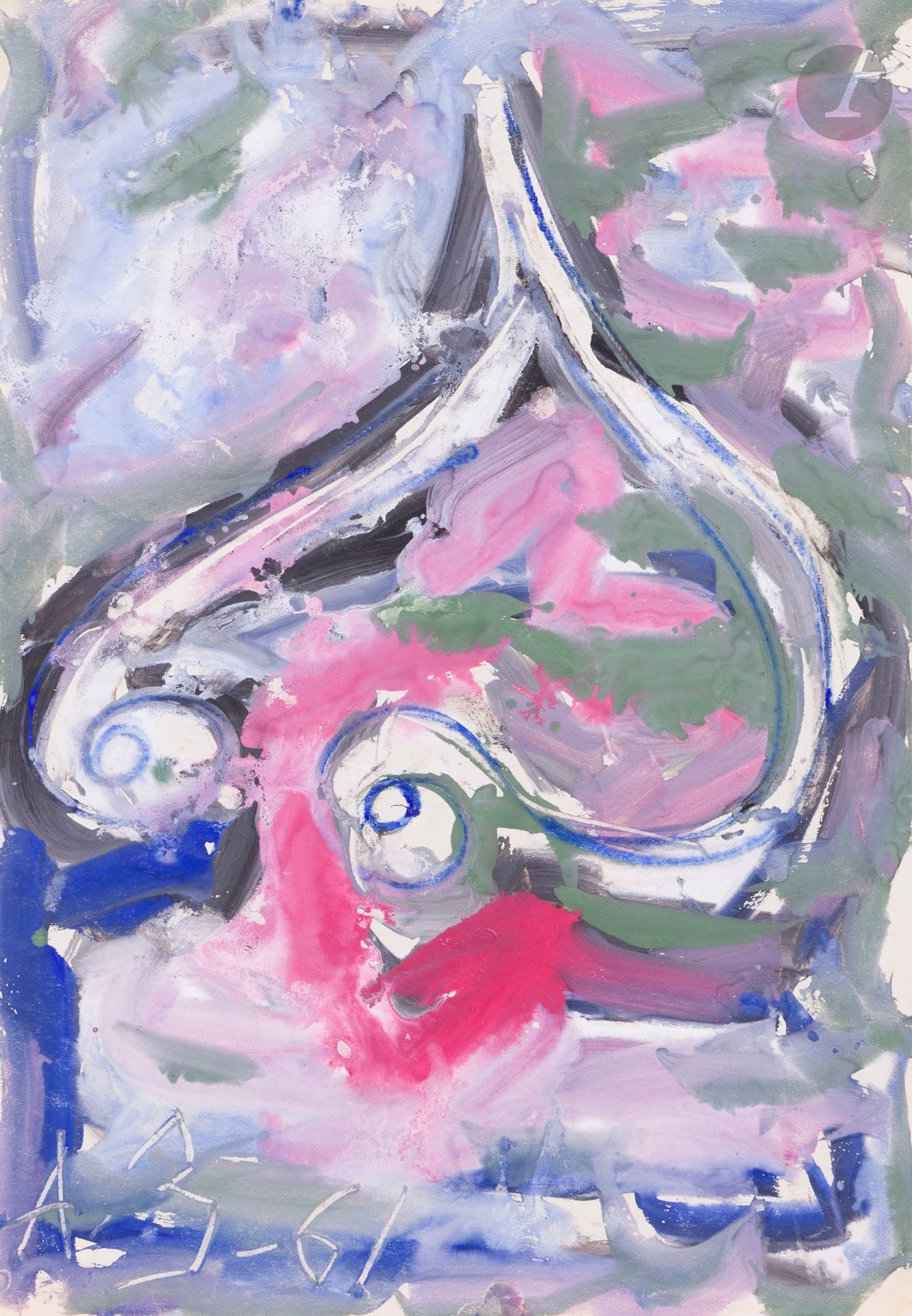 Anatoly Timofeevitch ZVEREV (1931-1986)
Загагулина (Volute). 1961
Gouache.
Monogrammée et datée en bas à gauche. Titrée et numérotée 10 au dos.
59,7 x 41 cm