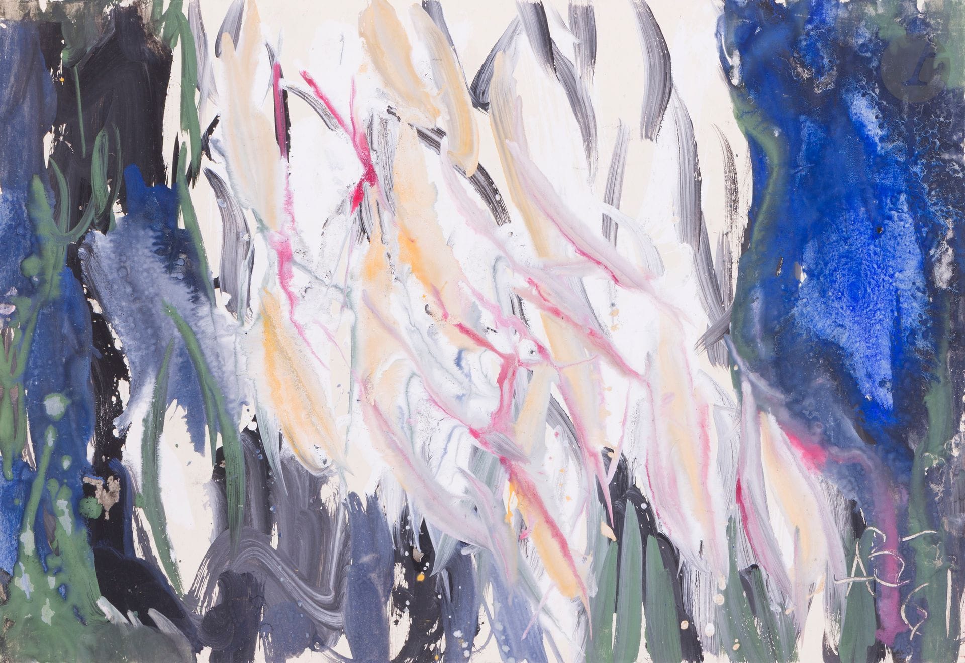 Anatoly Timofeevitch ZVEREV (1931-1986)
Композиция рыбок (Composition de petits poissons). 1961
Gouache.
Monogrammée et datée en bas à droite. Titrée et numérotée 140 au dos.
41,6 x 59,7 cm