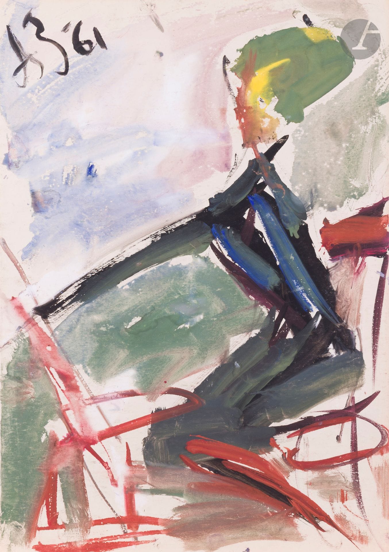 Anatoly Timofeevitch ZVEREV (1931-1986)
Портрет художника  (Portrait d'un artiste)
Gouache.
Signée et datée en haut à gauche. Titrée et numérotée 15 au dos.
59,9 x 42,2 cm