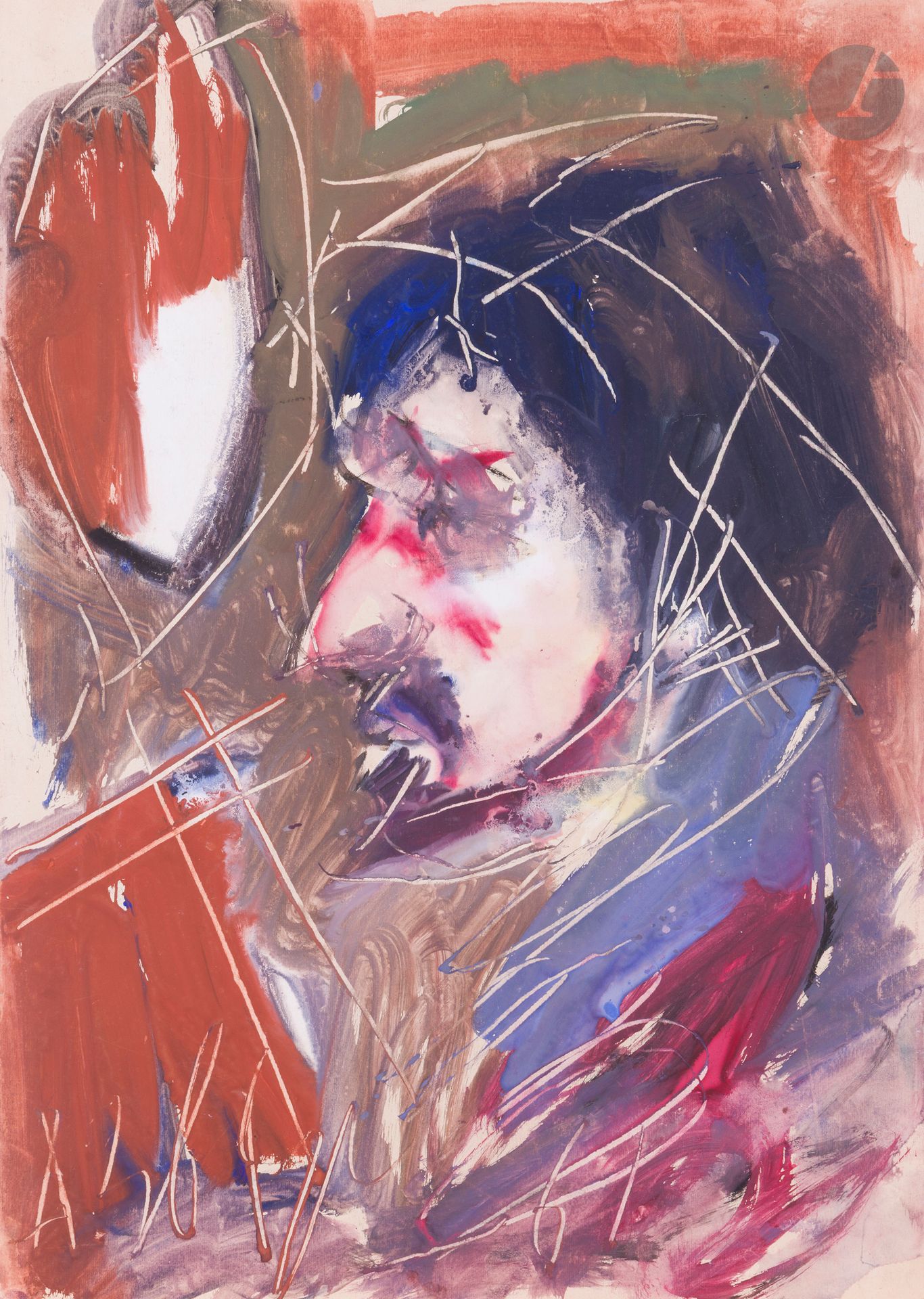 Anatoly Timofeevitch ZVEREV (1931-1986)
Портрет художника  (Portrait d'un artiste)
Gouache.
Signée et datée en bas. Titrée et numérotée 149 au dos. Titrée au dos en anglais et mention "coll Claude Day."
59,3 x 41,7 cm