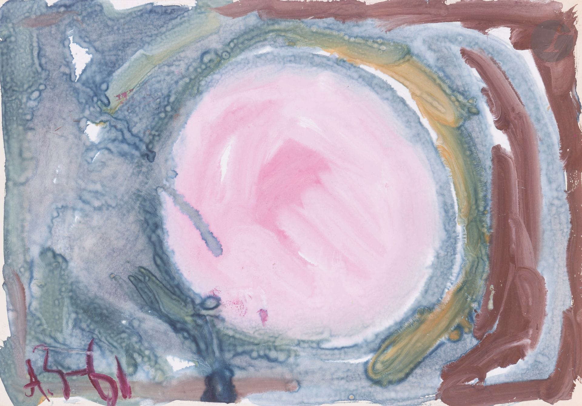 Anatoly Timofeevitch ZVEREV (1931-1986)
Розовый шар (Pink Sphere). 1961
Gouache.
Monogrammed and dated lower left. Titled and numbered 10 on the back.
41.7 x 59.5 cm