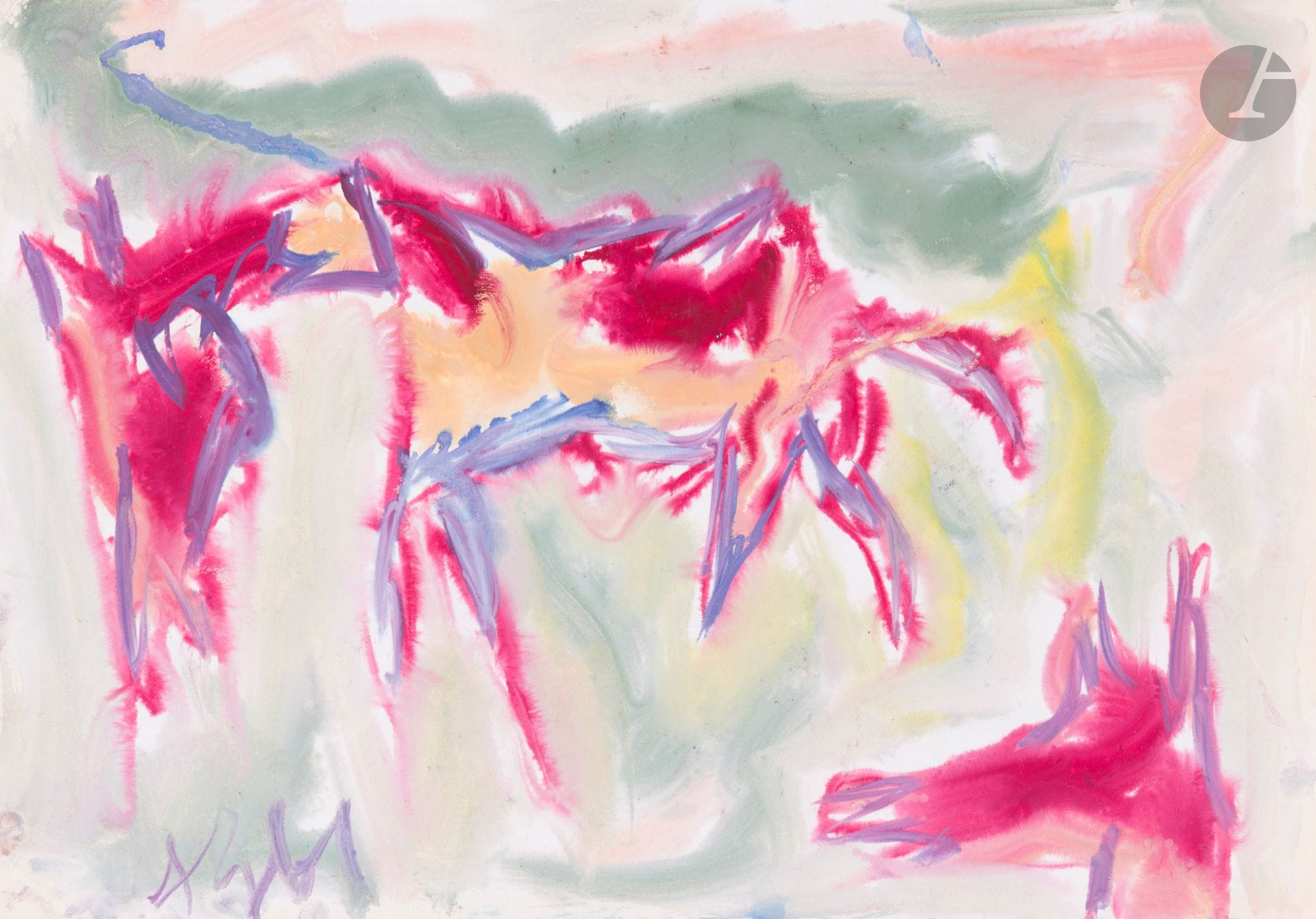 Anatoly Timofeevitch ZVEREV (1931-1986)
При лужке (Au pré). 1961
Gouache.
Monogrammée et datée en bas à gauche. Titrée et numérotée 130 au dos.
41,7 x 59,7 cm