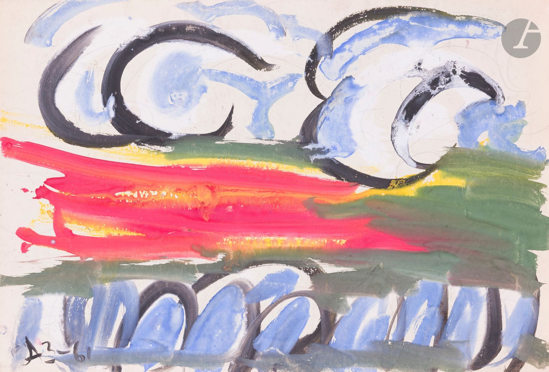 Anatoly Timofeevitch ZVEREV (1931-1986)
Красный язык пламени  (La langue rouge de la flamme). 1961
Gouache.
Monogrammée et datée en bas à gauche. Titrée et numérotée 5 au dos.
41,7 x 59,7 cm