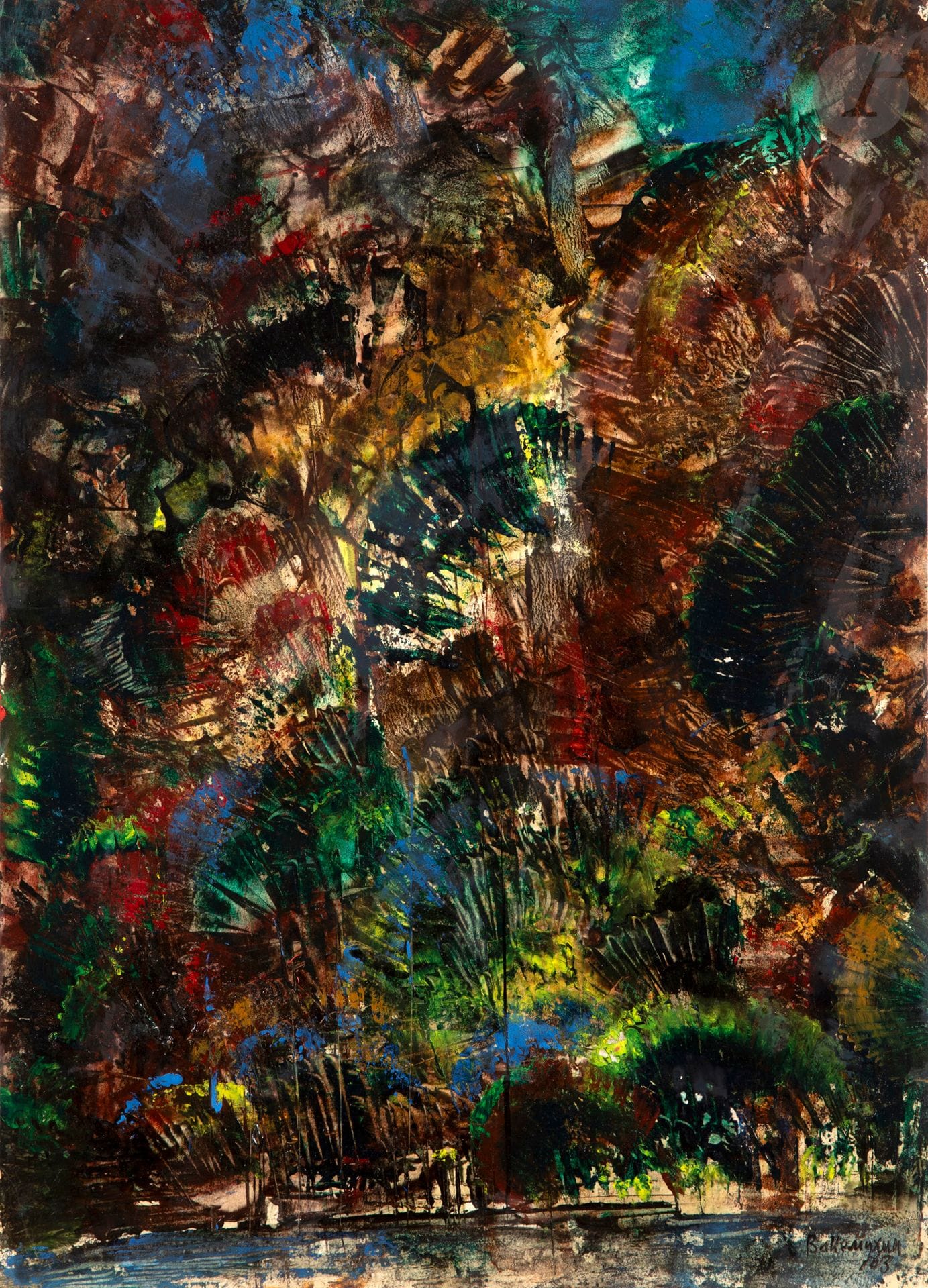 Vladimir Nikolaevitch NEMUKHIN (1925-2016)
Tropisme. 1963
Huile sur papier.
Signée et datée en bas à droite. Titrée en haut au dos à la mine de plomb en français par une autre main.
56,7 x 40,9 cm