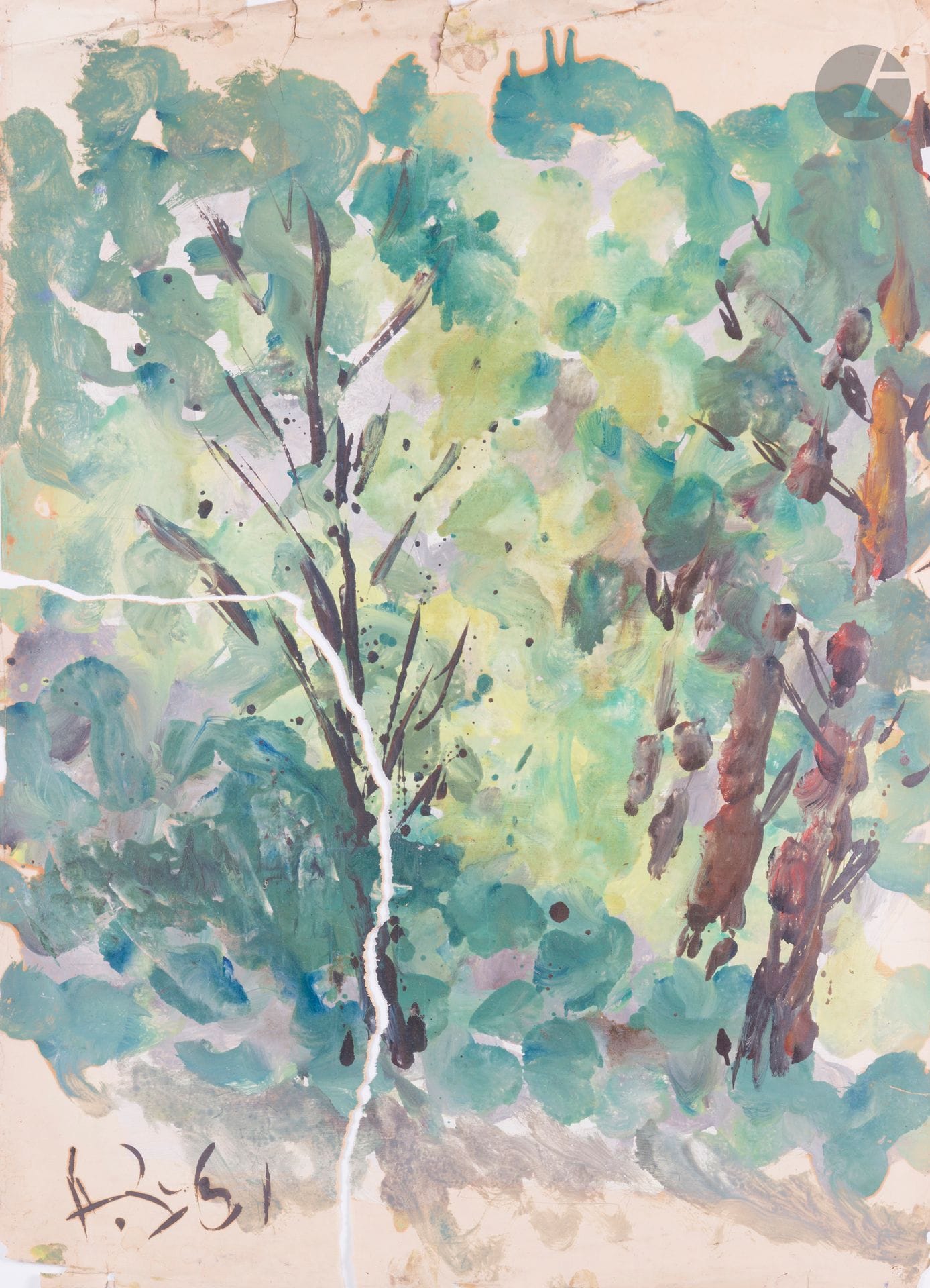 Anatoly Timofeevitch ZVEREV (1931-1986)
Лето (Summer). 1961
Gouache.
Monogrammed and dated lower left. Titled and numbered 25 on the back.
83.8 x 59.3 cm
Large tear at lower left.