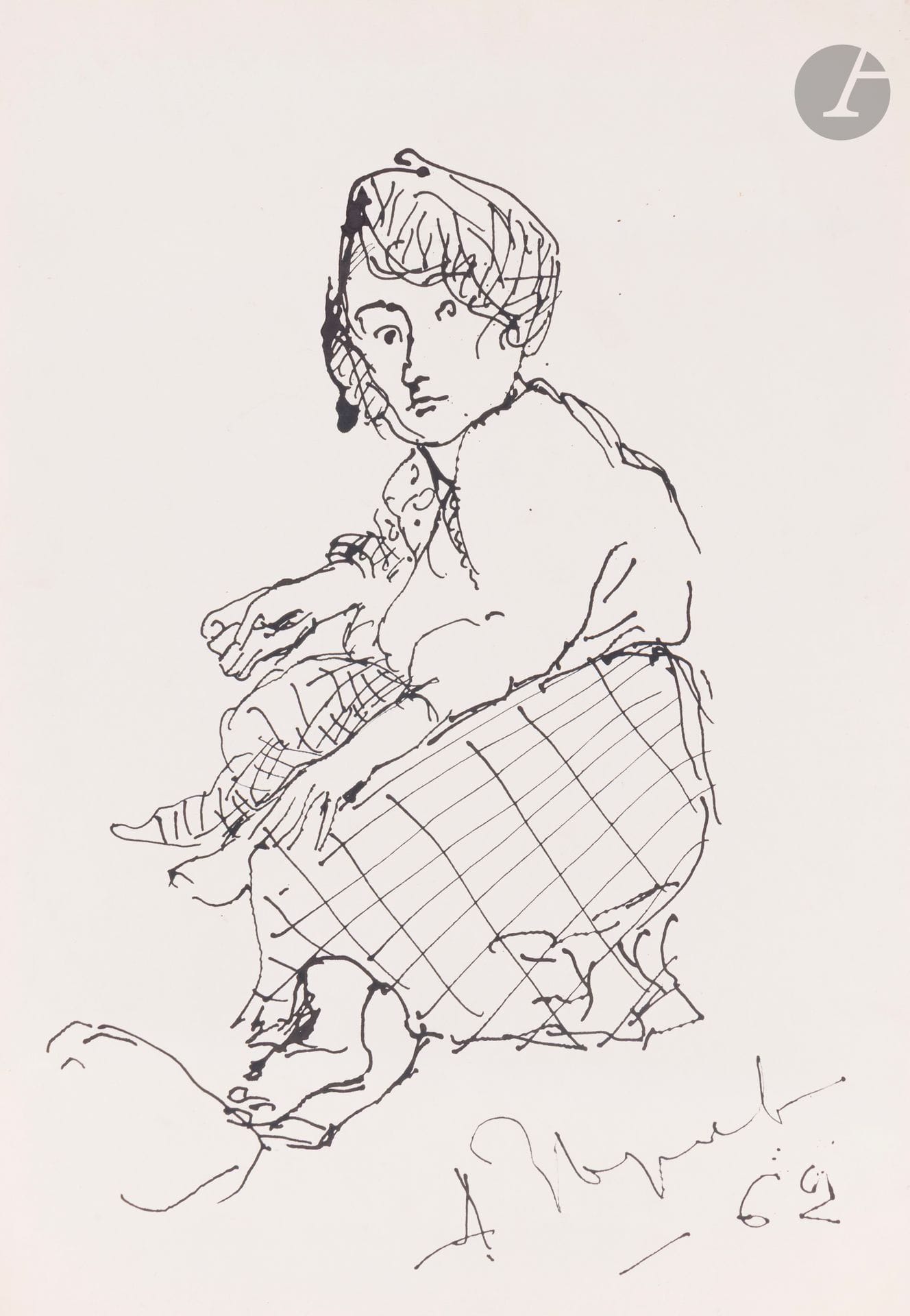 Anatoly Timofeevitch ZVEREV (1931-1986)
Femme assise. 1962
Encre
Signée et datée en bas à droite.
59,7 x 41,7 cm