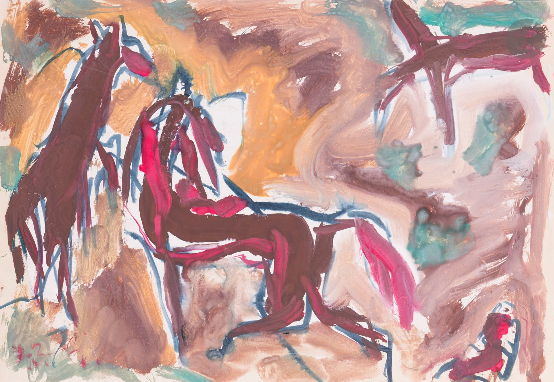 Anatoly Timofeevitch ZVEREV (1931-1986)
Рыжая поляна (Clairière rousse). 1961
Gouache.
Monogrammée et datée en bas à gauche. Titrée et numérotée 130 au dos.
41,5 x 59,7 cm