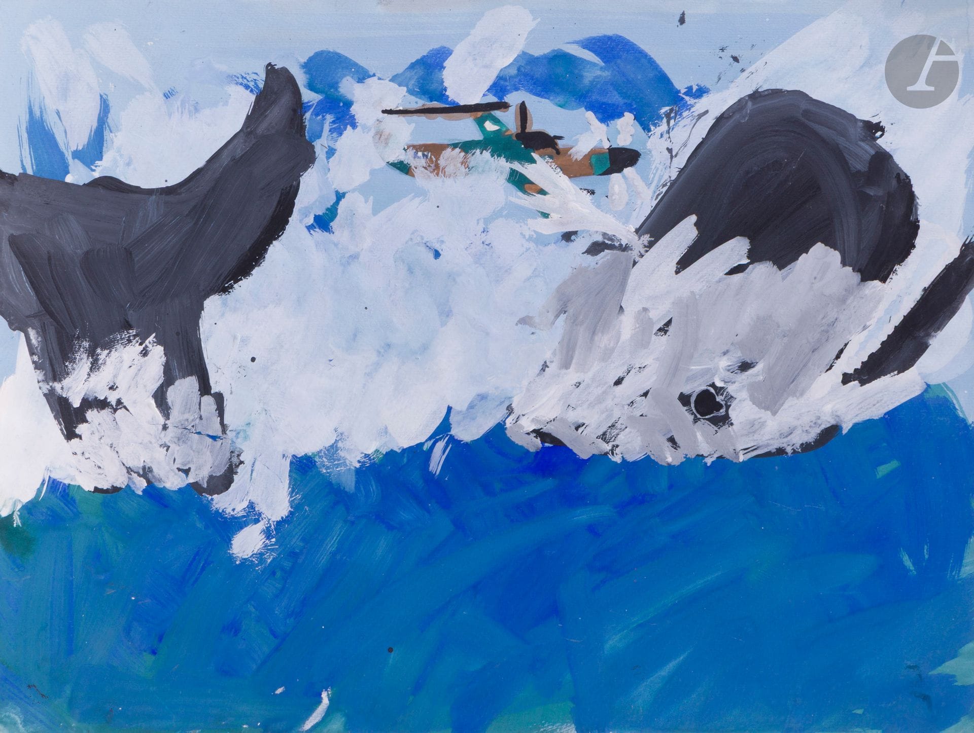 Anatoly Timofeevitch ZVEREV (1931-1986)
Baleine et hydravion.
Gouache.
Non signée.
24 x 31,8 cm