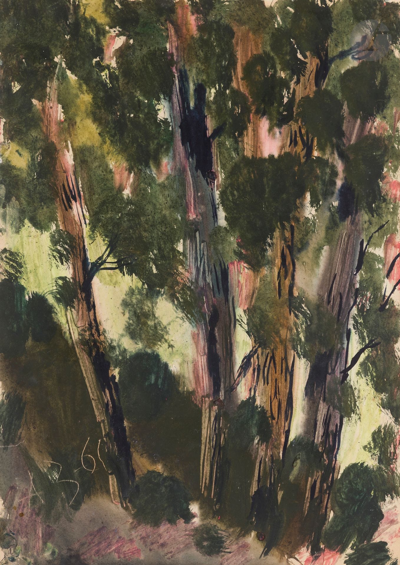 Anatoly Timofeevitch ZVEREV (1931-1986)
Arbres. 1961
Gouache.
Monogrammée et datée en bas à droite.
59,6 x 42,3 cm