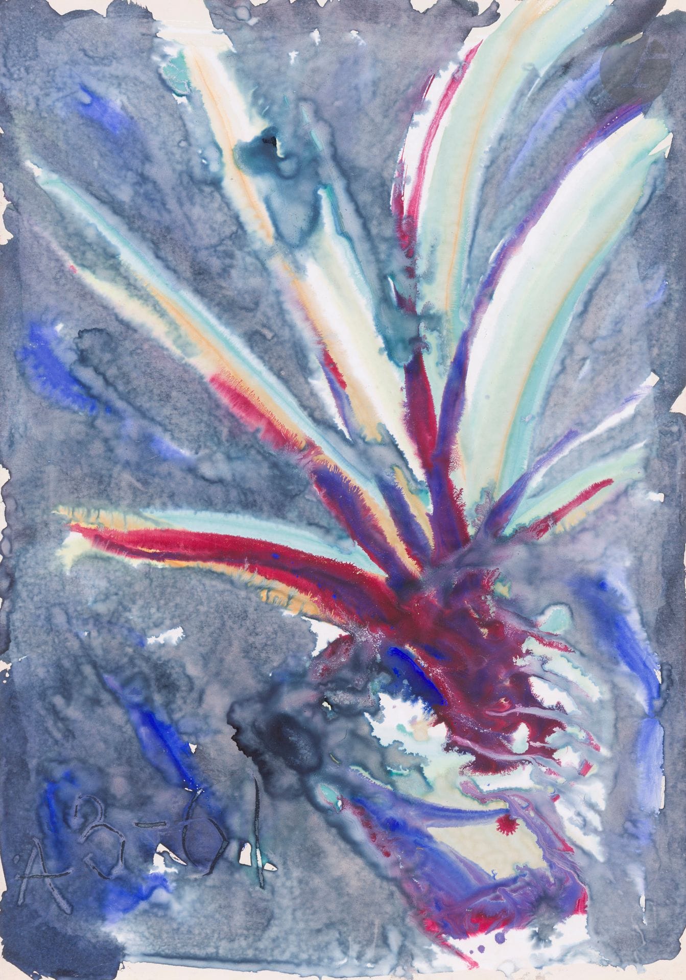 Anatoly Timofeevitch ZVEREV (1931-1986)
Цветок (Fleur). 1961
Gouache.
Monogrammée et datée en bas à gauche. Titrée et numérotée 115 au dos.
59,5 x 49,7 cm