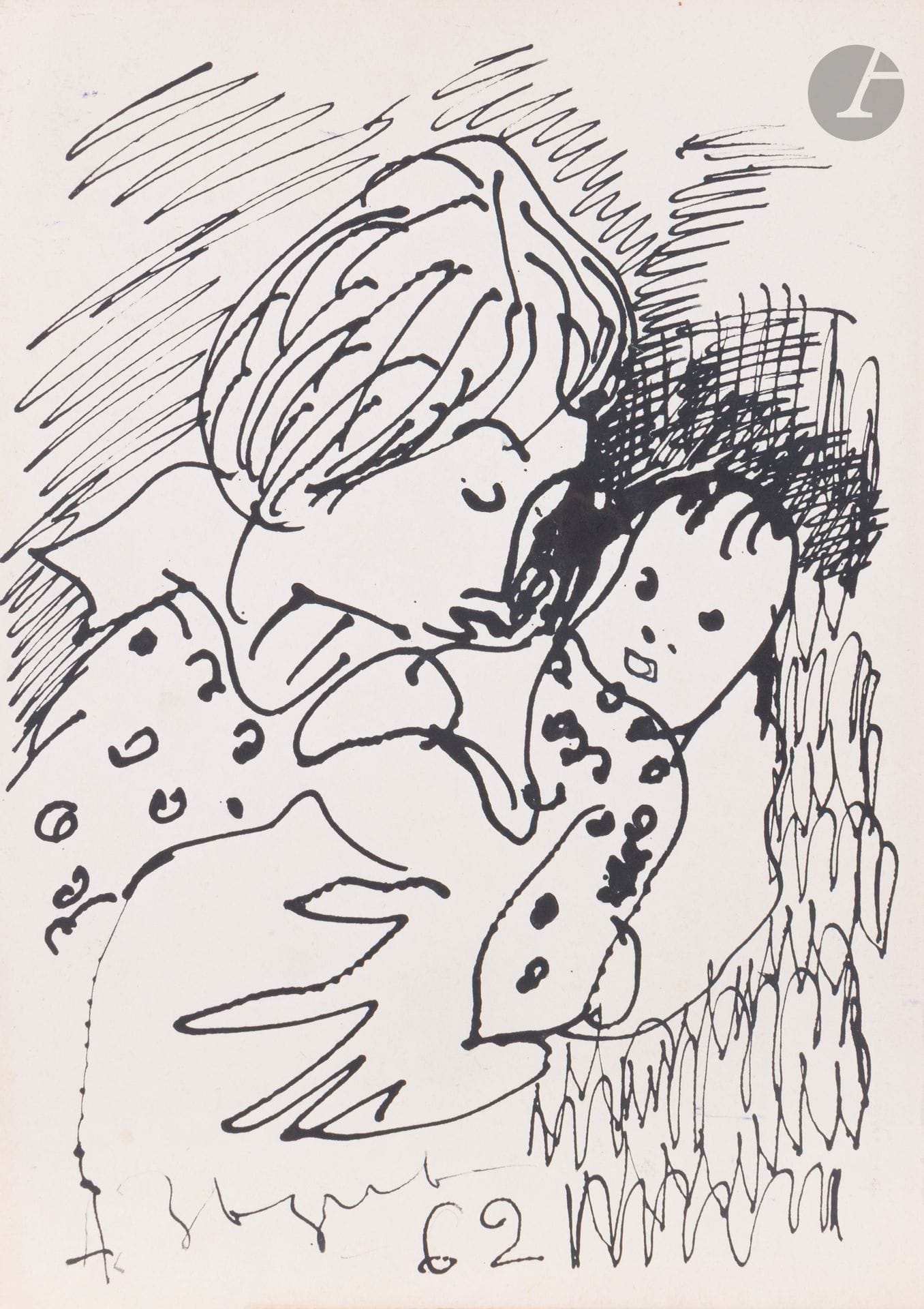 Anatoly Timofeevitch ZVEREV (1931-1986)
Woman with baby. 1962
Ink
Signed and dated lower left.
42.1 x 30.2 cm
Most probably his wife Ludmila Nazarova with daughter Vera.