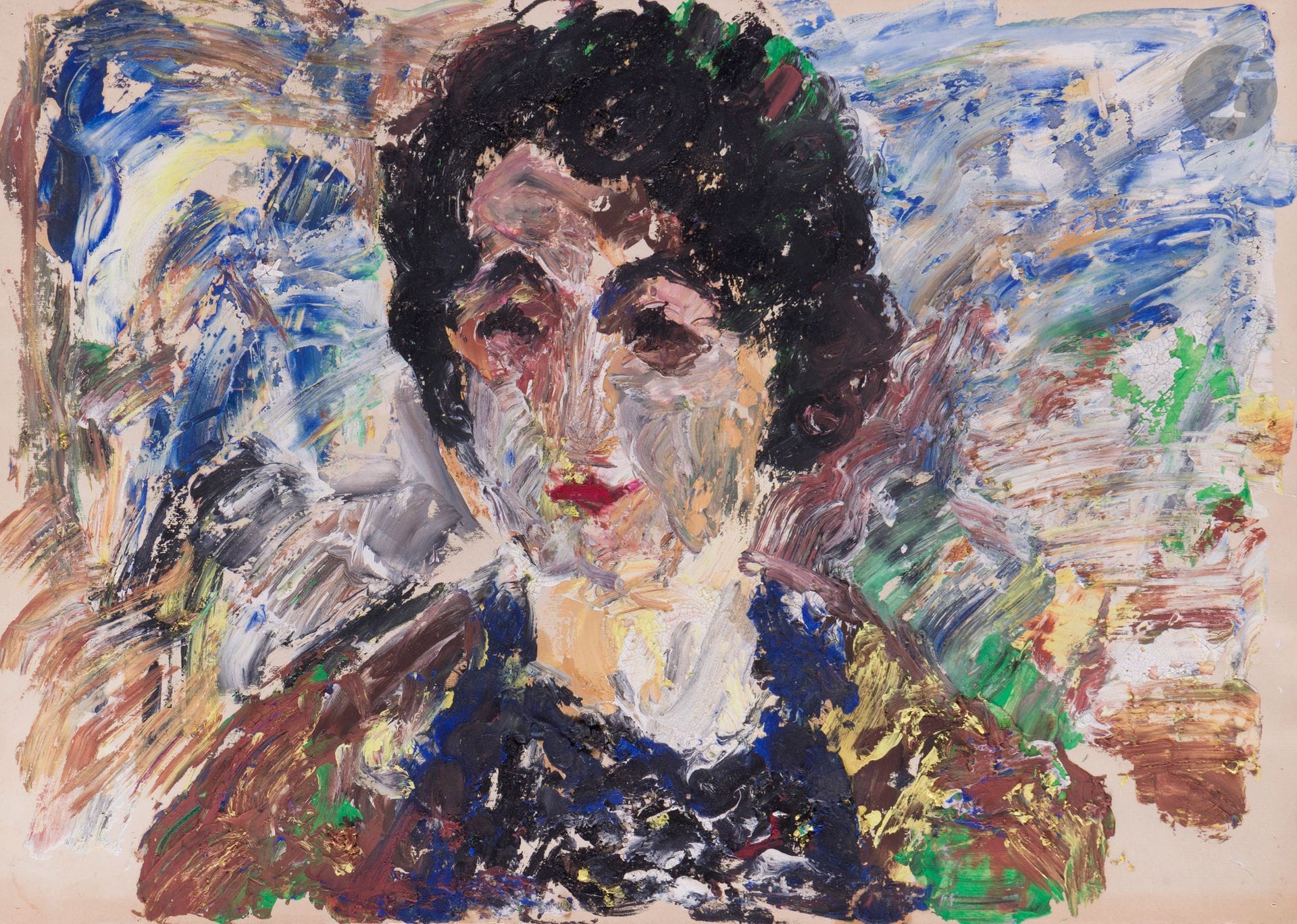 Anatoly Timofeevitch ZVEREV (1931-1986)
Portrait d'une femme.
Gouache.
Non signée. Porte au dos une étiquette tapuscrite avec l'attribution et le titre.
41,8 x 59,8 cm