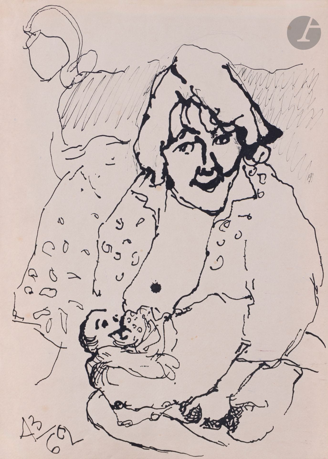 Anatoly Timofeevitch ZVEREV (1931-1986)
Femme et enfant. 1962
Encre
Monogrammée et datée en bas à gauche.
59,8 x 42,1 cm
Il s'agit très probablement de sa femme Ludmila Nazarova avec sa fille Vera.