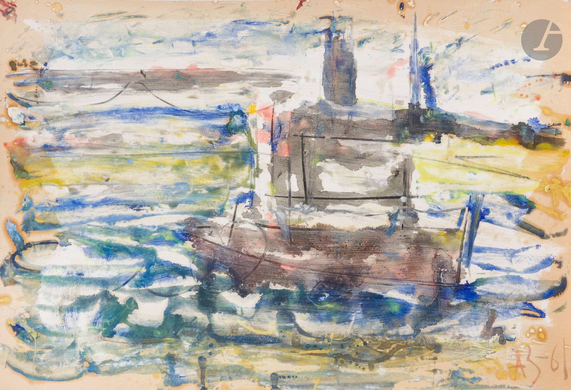 Anatoly Timofeevitch ZVEREV (1931-1986)
Le port. 1961
Gouache.
Monogrammée et datée en bas à droite.
Titrée au dos à la mine de plomb en français par une autre main.
50,6 x 76,6 cm
