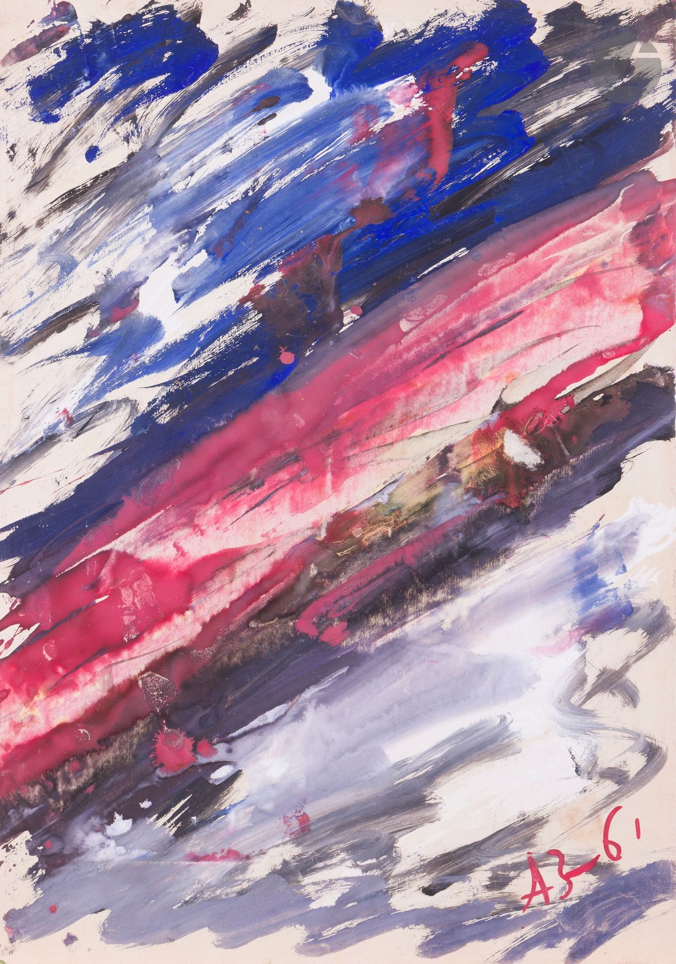 Anatoly Timofeevitch ZVEREV (1931-1986)
Розовая полоса (Bande rose). 1961
Gouache.
Monogrammée et datée en bas à droite. Titrée et numérotée 3 au dos.
59,4 x 41,7 cm