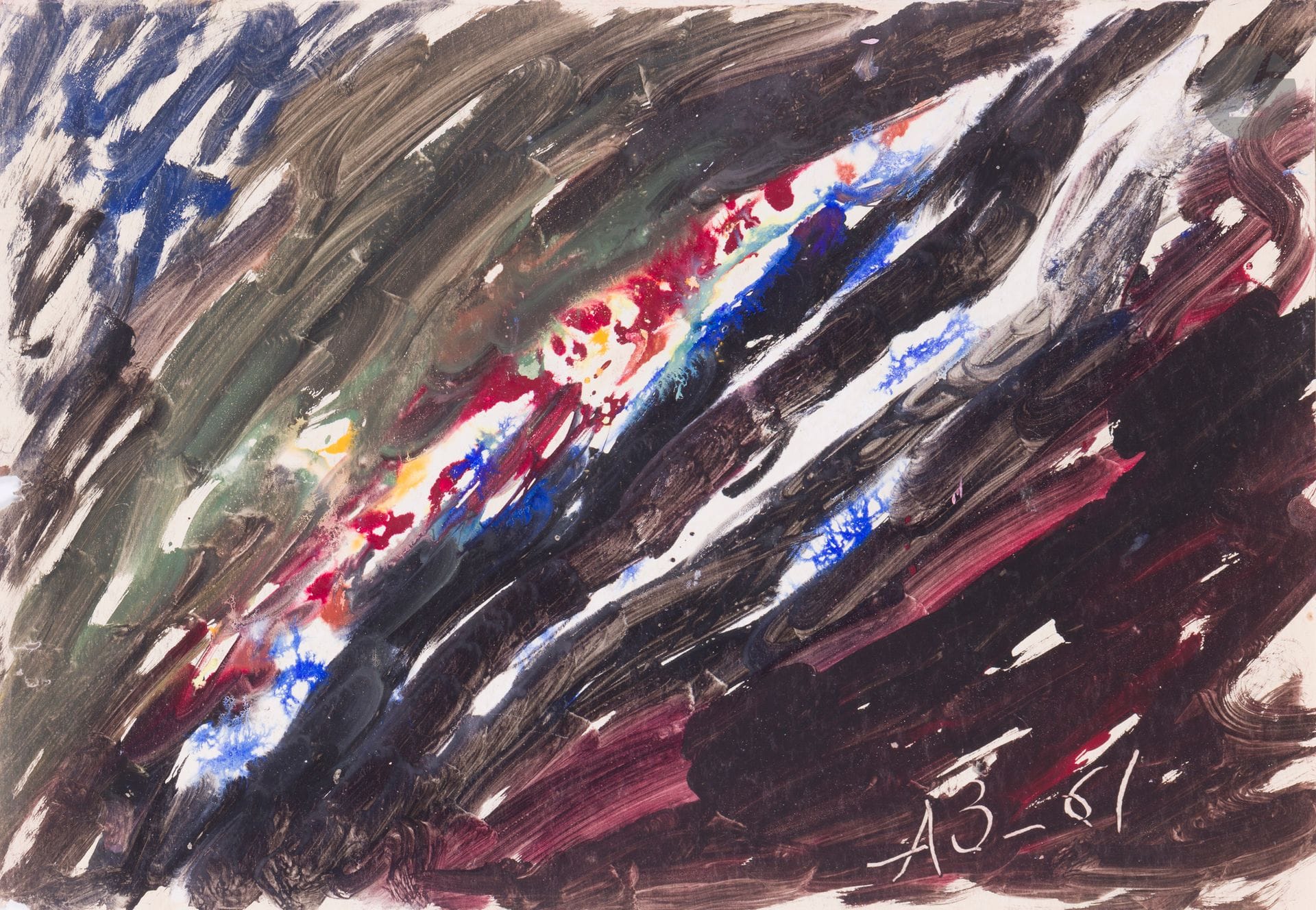 Anatoly Timofeevitch ZVEREV (1931-1986)
Небесные чудеса (Miracles célestes). 1961
Gouache.
Monogrammée et datée en bas à droite. Titrée et numérotée 100 au dos.
41,7 x 59,5 cm