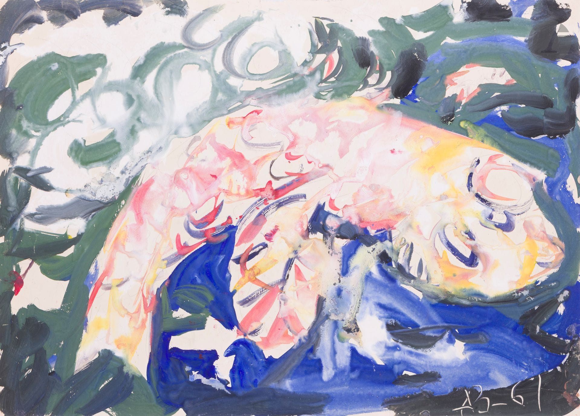 Anatoly Timofeevitch ZVEREV (1931-1986)
Рыбка (Petit poisson). 1961
Gouache.
Monogrammée et datée en bas à droite. Titrée et numérotée 100 au dos.
41,5 x 59,3 cm
