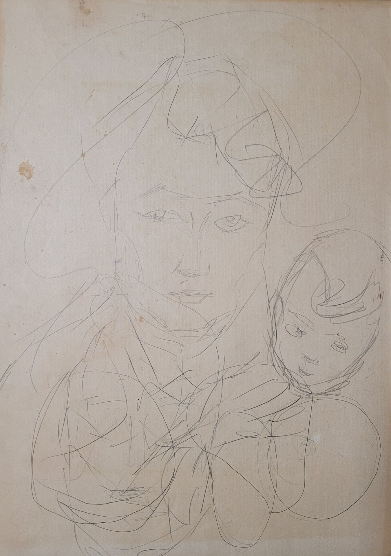 Anatoly Timofeevitch ZVEREV (1931-1986)
Portrait de femme avec un enfant. Circa 1962
Mine de plomb.
Non signée. Au dos, à la mine de plomb, un échiquier et une esquisse de joueurs d'échecs.
17 x 31,1 cm
Il s'agit très probablement de sa femme Ludmila Nazarova avec sa fille Vera.