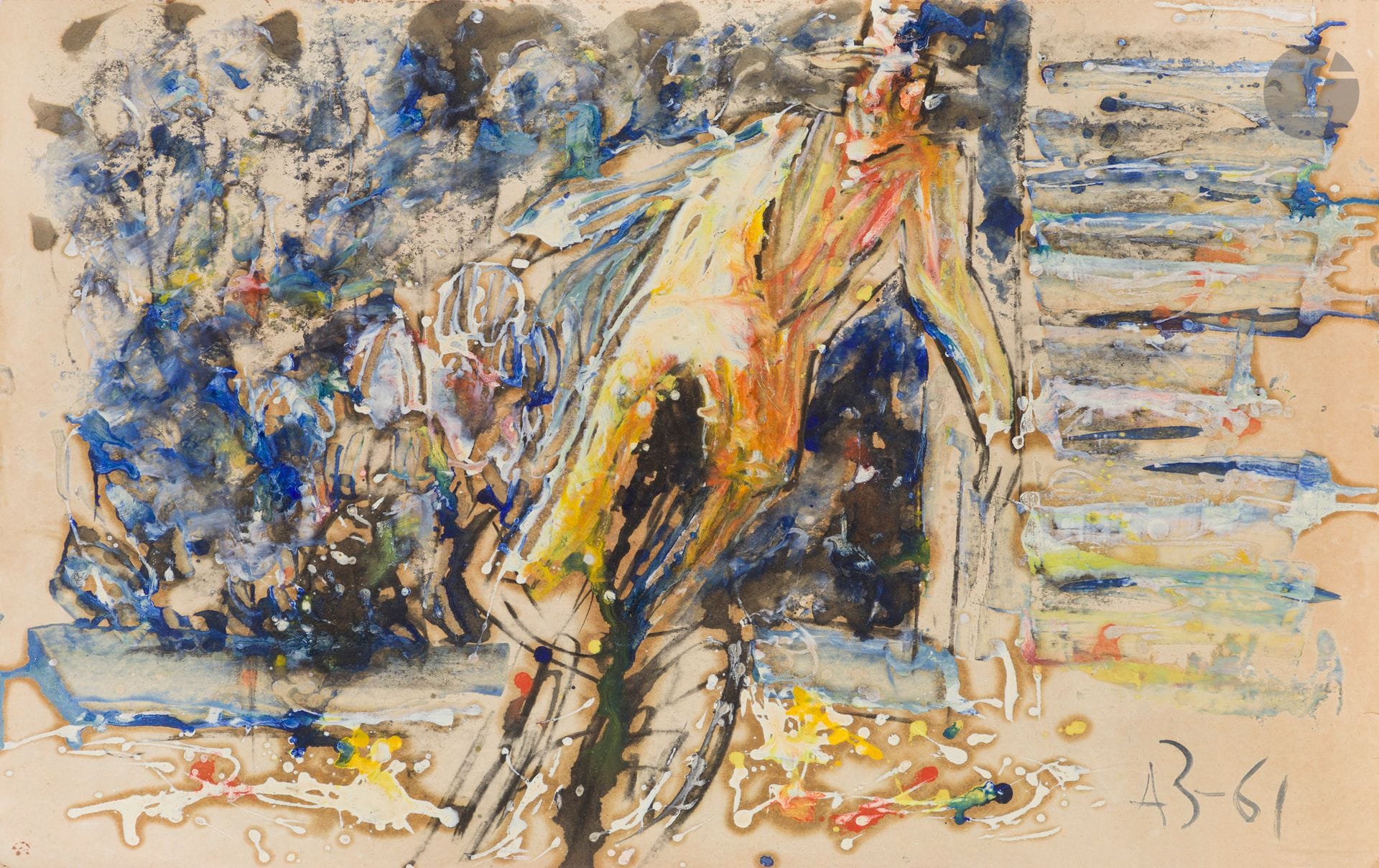 Anatoly Timofeevitch ZVEREV (1931-1986)
Danse en jaune. 1961
Gouache.
Monogrammée et datée en bas à droite.
50,1 x 78,7 cm