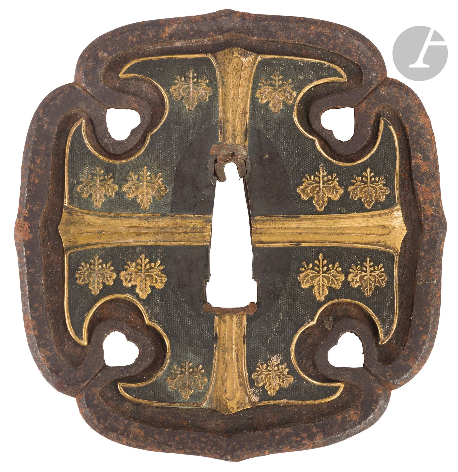 Iron and shakudo tachi tsuba, Japan, Edo period, 18th-19th century
Of aoigata form, the mimi is in iron, while the center, in shakudo with a nanako background, is separated by four ken and decorated in gilded copper taka zogan, on each part, with kiri flowers.
8.5 cm
Mimi very oxidized.