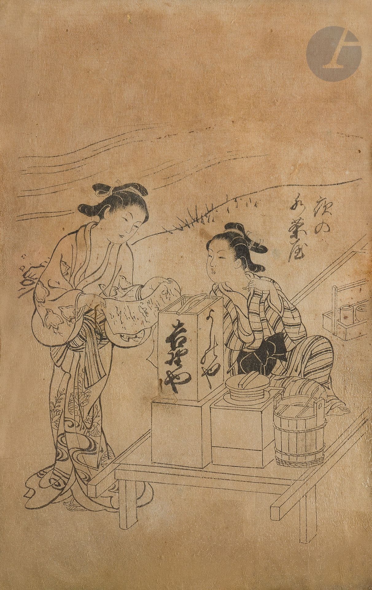 Nishikawa Sukenobu (1671-1751)
Preparatory drawing for a print depicting two young women working in a teahouse.
Sight size: 28, 9 x 19 cm
Insolate, stained, worn. Framed under glass.
