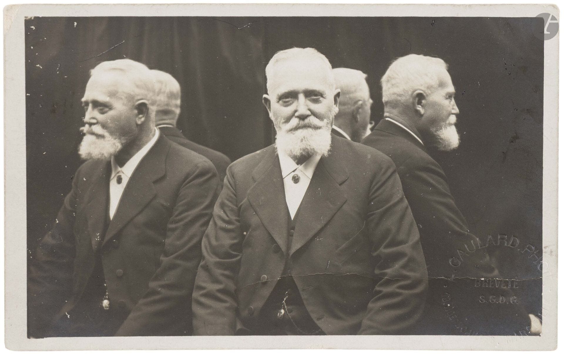 Lucien Gaulard
Kaleidoscopic Portrait of a Bearded Man, c. 1910. 
Vintage silver print on R. Guilleminot postcard. Dry stamp "L. Gaulard Phot. 18 rue Noailles. Marseille" lower right. 
9 x 14 cm with margins