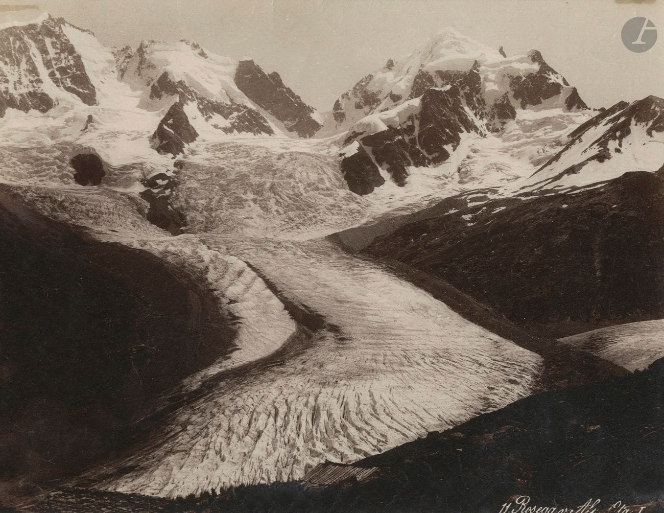 Unidentified photographer
Roseg Glacier. Swiss Alps, c. 1880.
Albumen print. Title Rosegg v. Alp-Ota 1 in the negative lower right.
19 x 24.5 cm