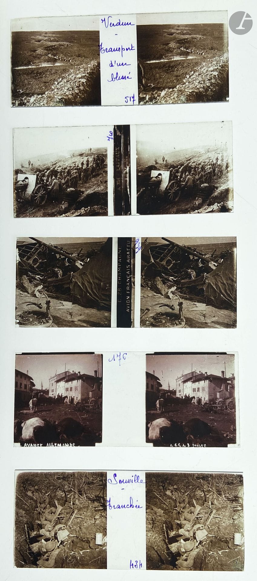 Military photographer 
First World War, 1914-1918. 
Mainz. Verdun. Courcelle. Avocourt. Mouilly. Souville. Sainte-Marie-à-Py. Somme. Marne.
German corpse. Attacks. Trenches. Guts. Fights. Soldiers. General Mangin. Mobilization. Burial of the dead. Regulatory station. Victory parades. Mass graves. Ruins. Interior of a destroyed church. Wounded. Burial of a soldier. Graves. French plane shot down. First-aid post. Explosion of a 305. Prisoners. Cannon. Kitchen cart in the snow. 
49 stereoscopic glass plates in period wooden boxes, accompanied by a Unis-France stereoscopic camera. Numerous captions and dates on the plates. 
Plate size: 4.5 x 10.5 cm