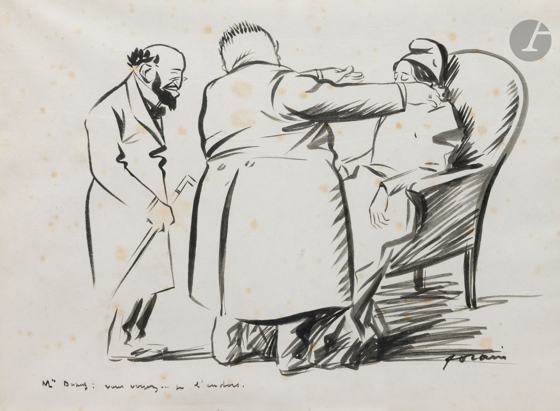 Jean-Louis FORAIN (1852-1931) 
Doux pays : L'Étoile des braves - M. Dupuy - La Dame - Qu'est-ce que tu cherches ? - La Cireuse de bottes - La Vérité en marche, vers 1899 
Six encres. 
Signée et légendées. 
27 x 35 cm environ chaque - L'un 22 x 30 cm (La vérité en marche). 
 
Ces dessins, aux connotations antisémites pour certains, furent publiés dans l'Écho de Paris du 19 mars 1899, du 23 avril 1899, du 10 décembre 1899, du 18 mars 1900 et du 25 mars 1900, dans le contexte de l'affaire Dreyfus. 
Jean-Louis Forain fut un des fondateurs de Psst...! en 1898, avec Caran d'Ache. Il contribua par de nombreuses illustrations à ce journal antidreyfusard et antisémite.